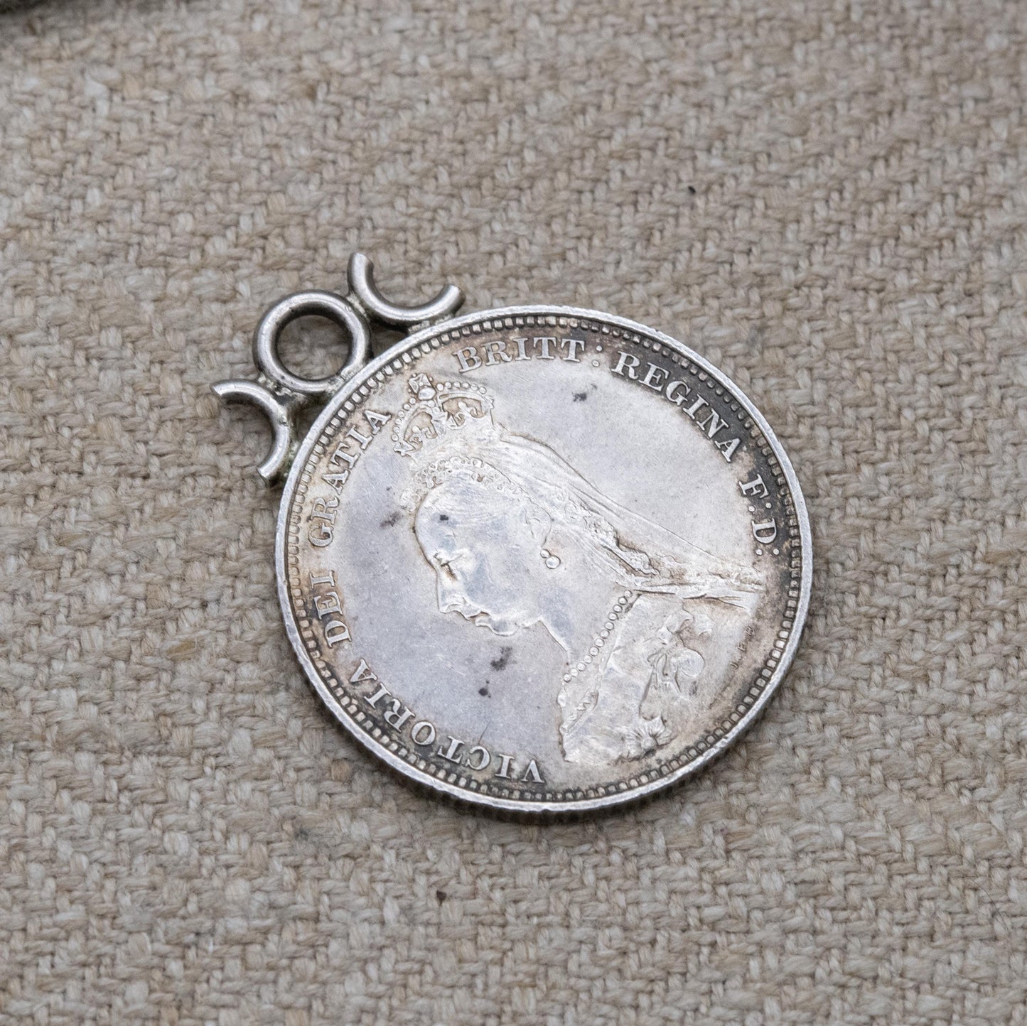 Antique 1887 Victoria Shilling Coin Pendant Charm - Openwork Scrolling Mount | Collectable Coin Pendant