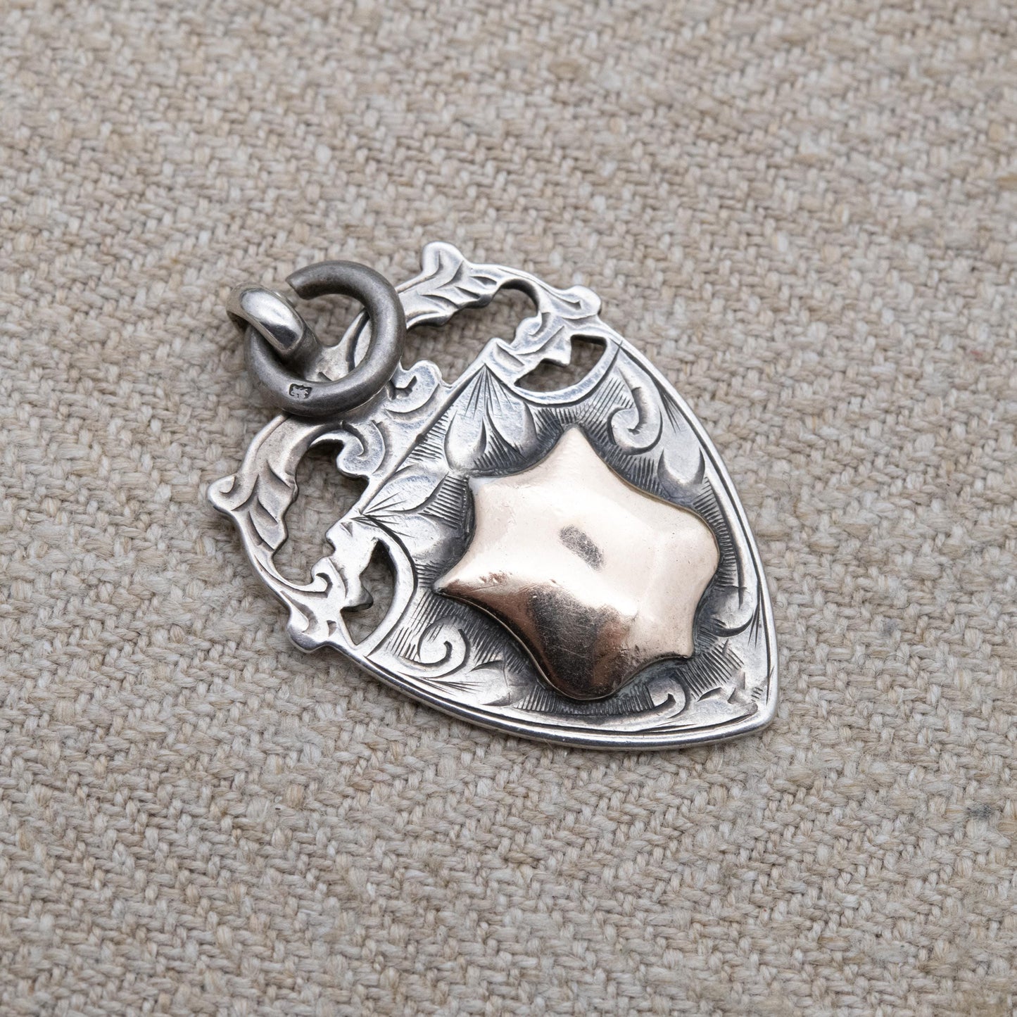 Antique Sterling Silver Gold Fronted Watch Fob Pendant 1928 - Blank Face | Openwork Floral Shield Border