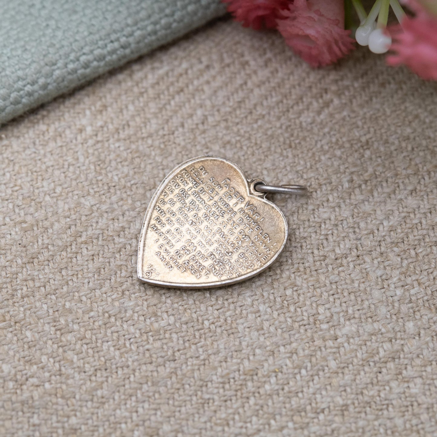 Vintage Norwegian Sterling Silver Heart Pendant with the Lord's Prayer by Ivar Holth c. 1950s - Guilloche Enamel Flower Charm Miniature Text