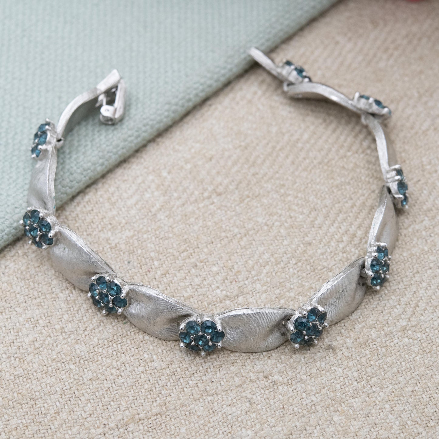 Vintage Crown Trifari Blue Crystal Flower Bracelet - Brushed Silver Tone Panel Bracelet | Collectable Designer Costume Jewellery Mid-Century