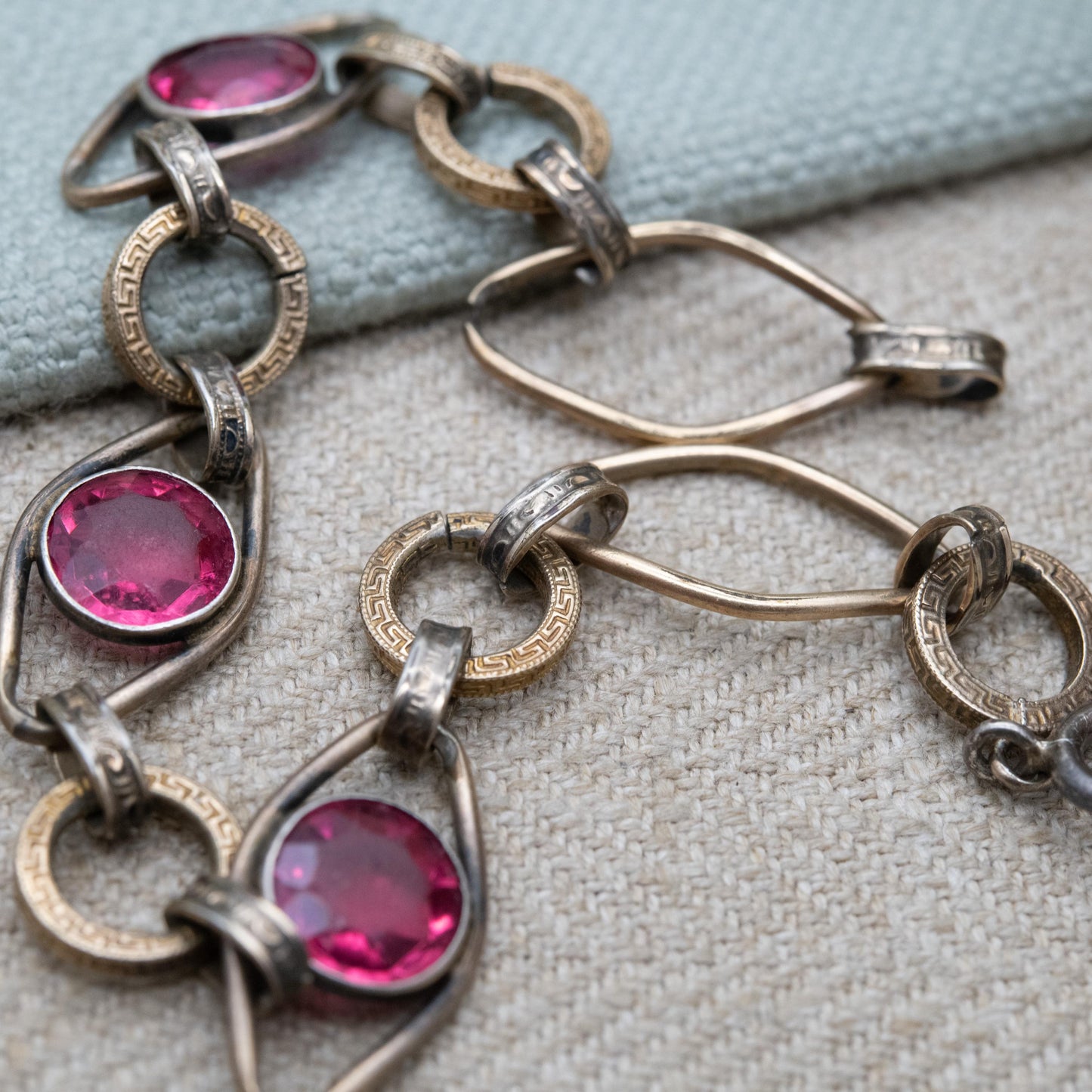 Vintage 12ct Rolled Gold and Silver Bracelet with Pink Paste Stones and Meander Links c. 1960s Signed