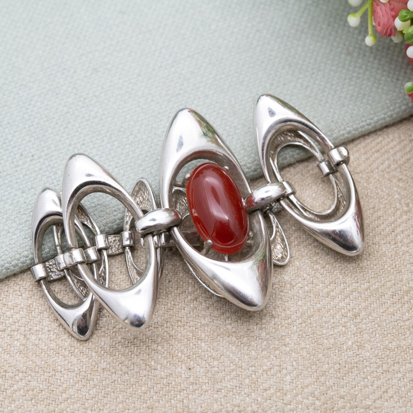 Vintage Spanish Silver Modernist Open Panel Bracelet with Cabochon Red Stone