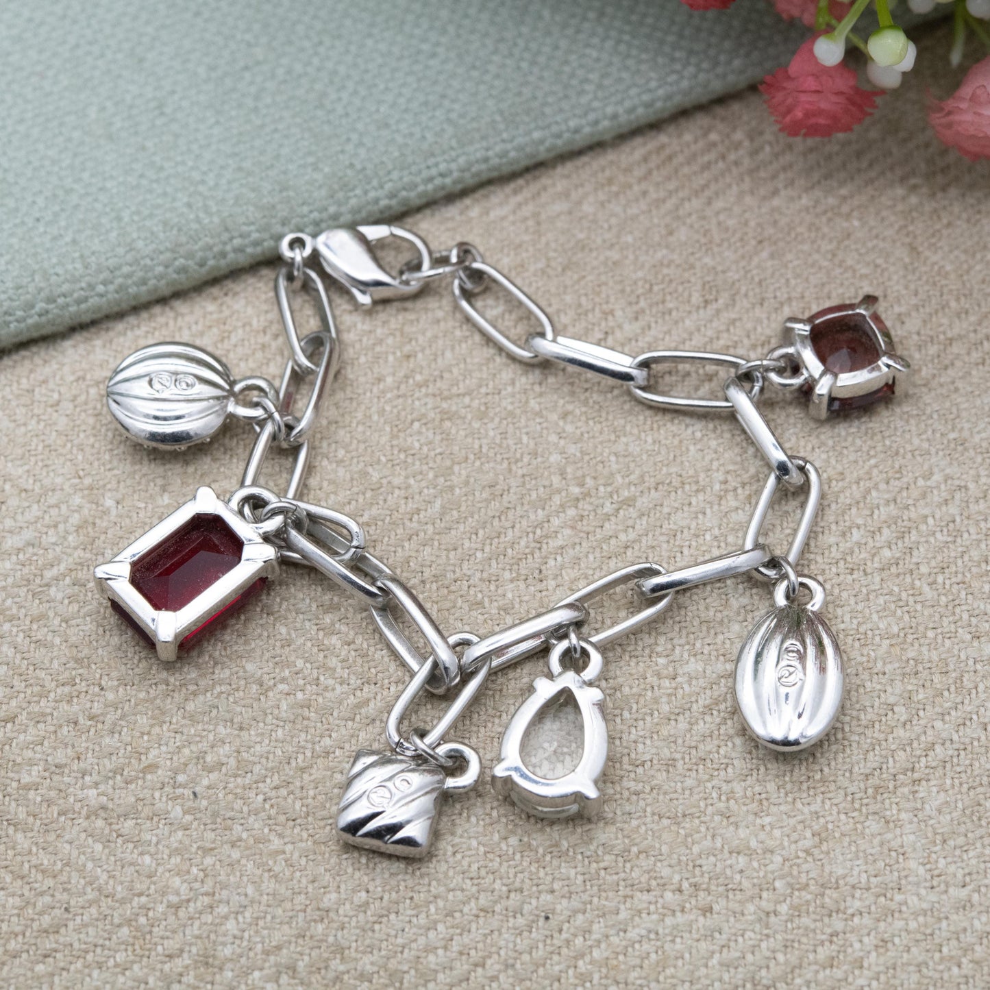 Swarovski Charm Bracelet with White and Red Crystals - Silver Tone