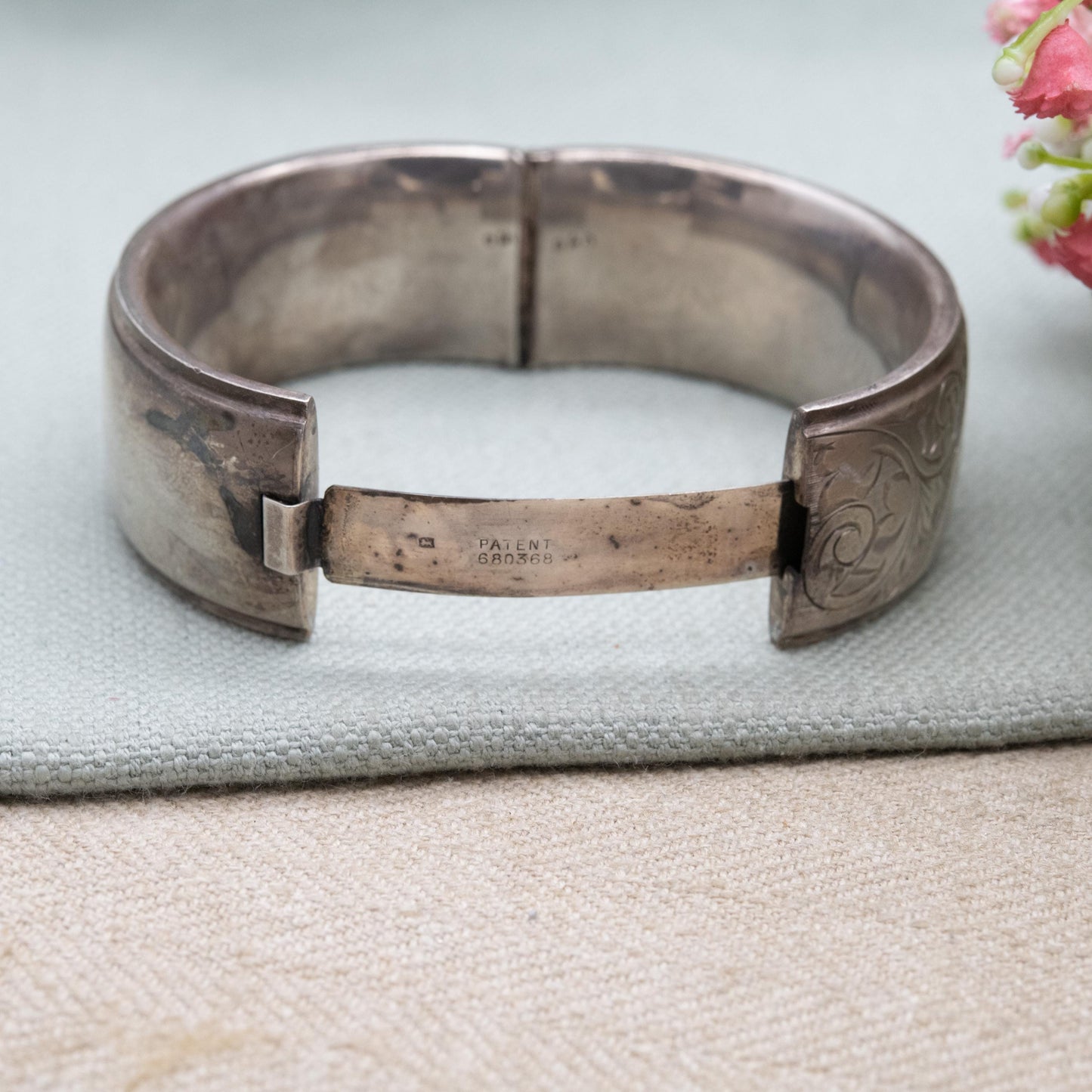Vintage Sterling Silver Engraved Bangle Bracelet 1960 - Chunky Victorian Aesthetic Scrolling Style with Safety Chain