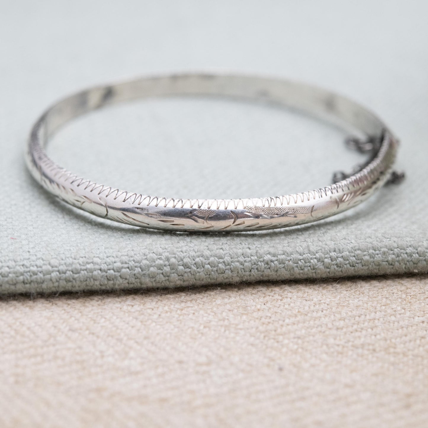 Vintage Sterling Silver Etched Floral Bangle Bracelet - Victorian Aesthetic Scrolling Style with Safety Chain