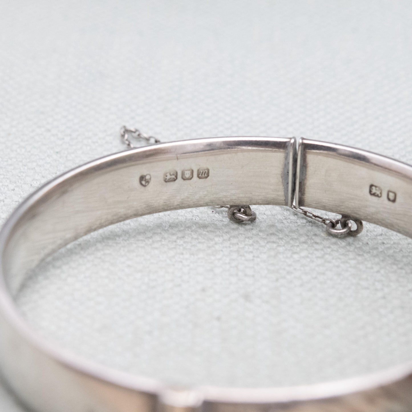 Vintage Fred Manshaw Sterling Silver Floral Engraved Bangle Bracelet 1967 - Victorian Aesthetic Scrolling Style with Safety Chain