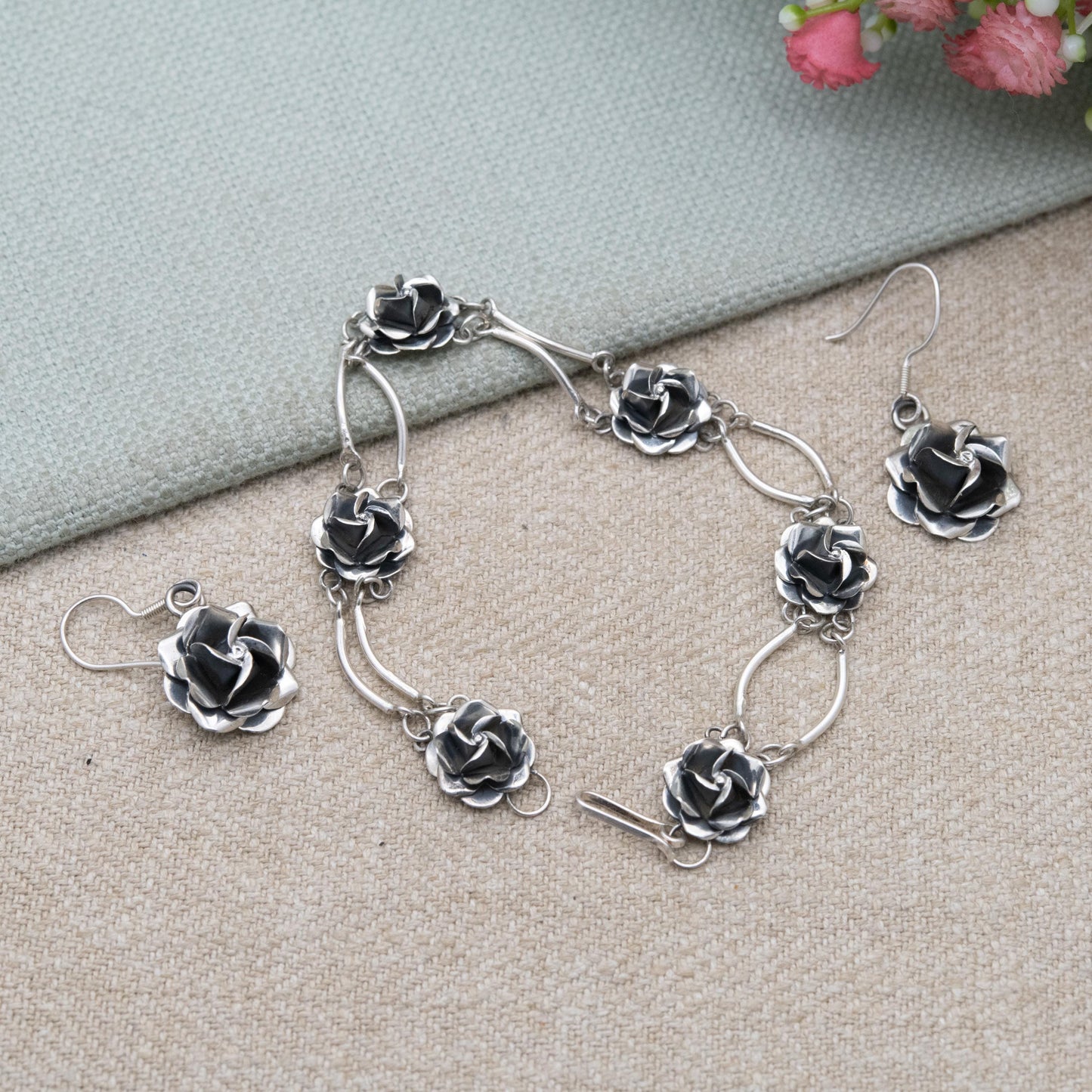 Vintage Mexican Sterling Silver Rose Panel Bracelet and Earring Set c. 1980s
