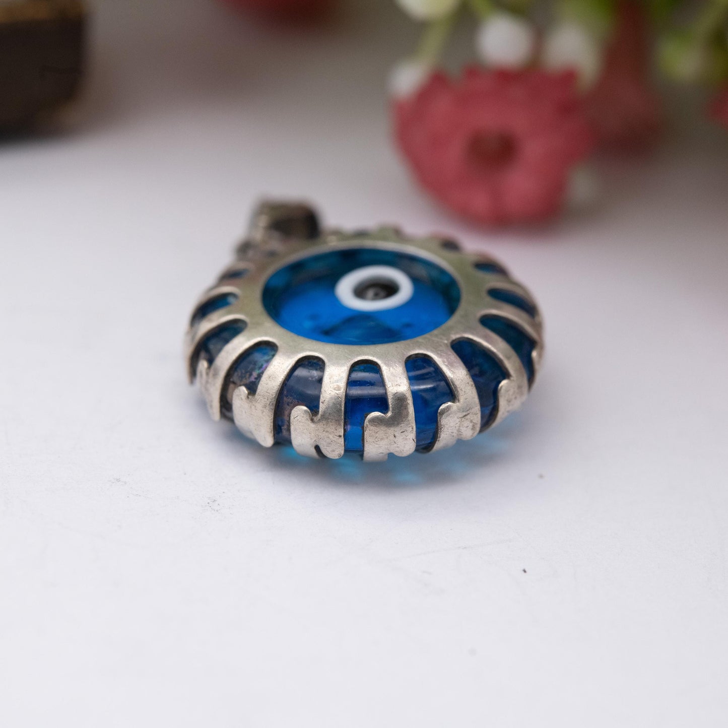 Vintage Sterling Silver Glass Evil Eye Charm Pendant - Small Round Blue Charm for Necklace Pendant