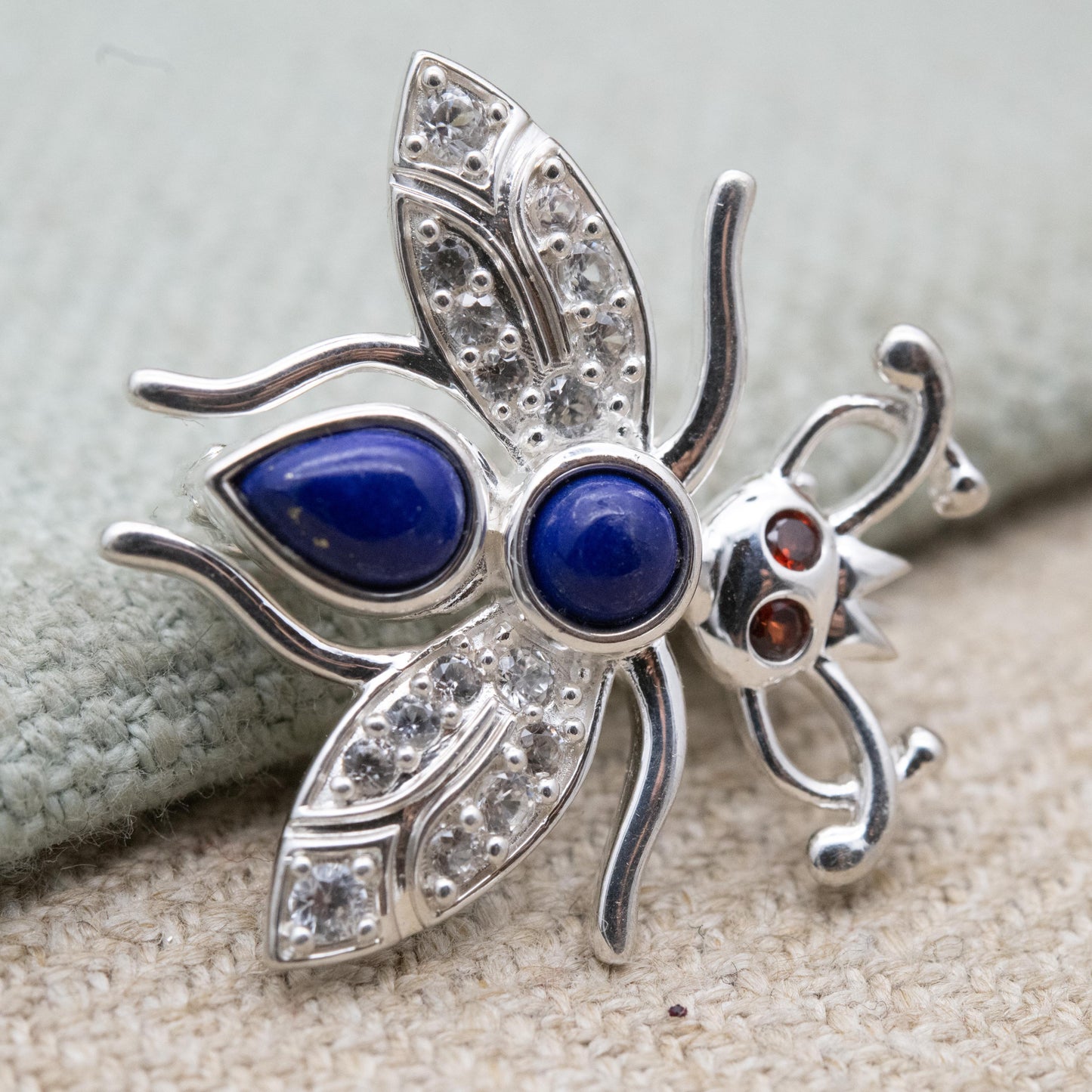 Sterling Silver Lapis Lazuli Bug Brooch with Garnet Eyes - Collectable Gemstone Insect Jewellery Gift for Her