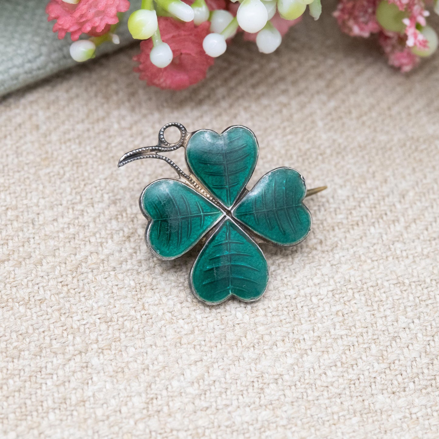 Antique Ward Brothers Sterling Silver Green Enamel Four Leaf Clover Brooch - Celtic Lucky Clover | Irish Floral Jewellery Gift