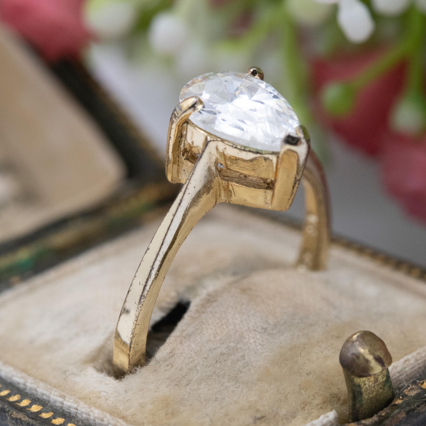 Gold Plated Sterling Silver CZ Solitaire Ring Adjustable Size - Large Pear Cut White Stone Placeholder Ring | UK Size - L | US Size - 5 3/4