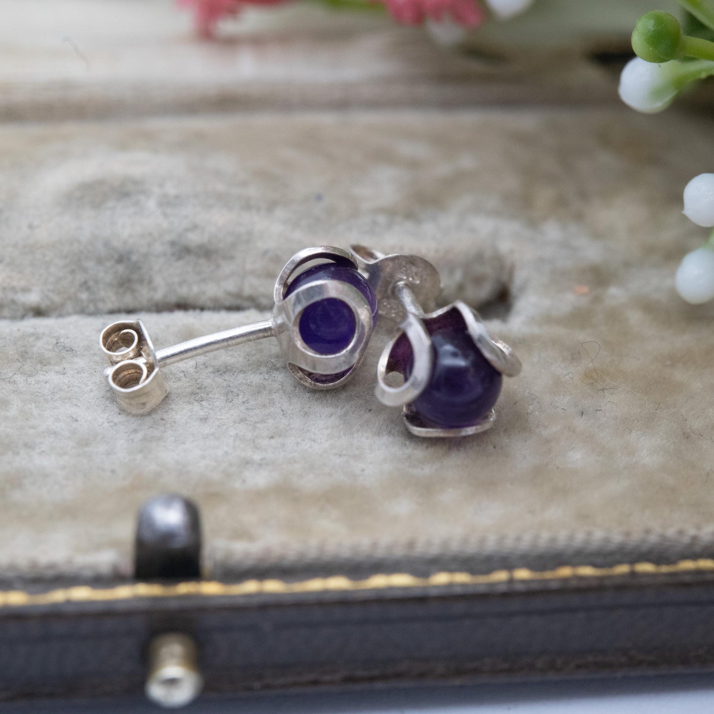 Vintage Sterling Silver Amethyst Stud Earrings - Small Studs | Purple Gemstone Jewellery Gift for Her