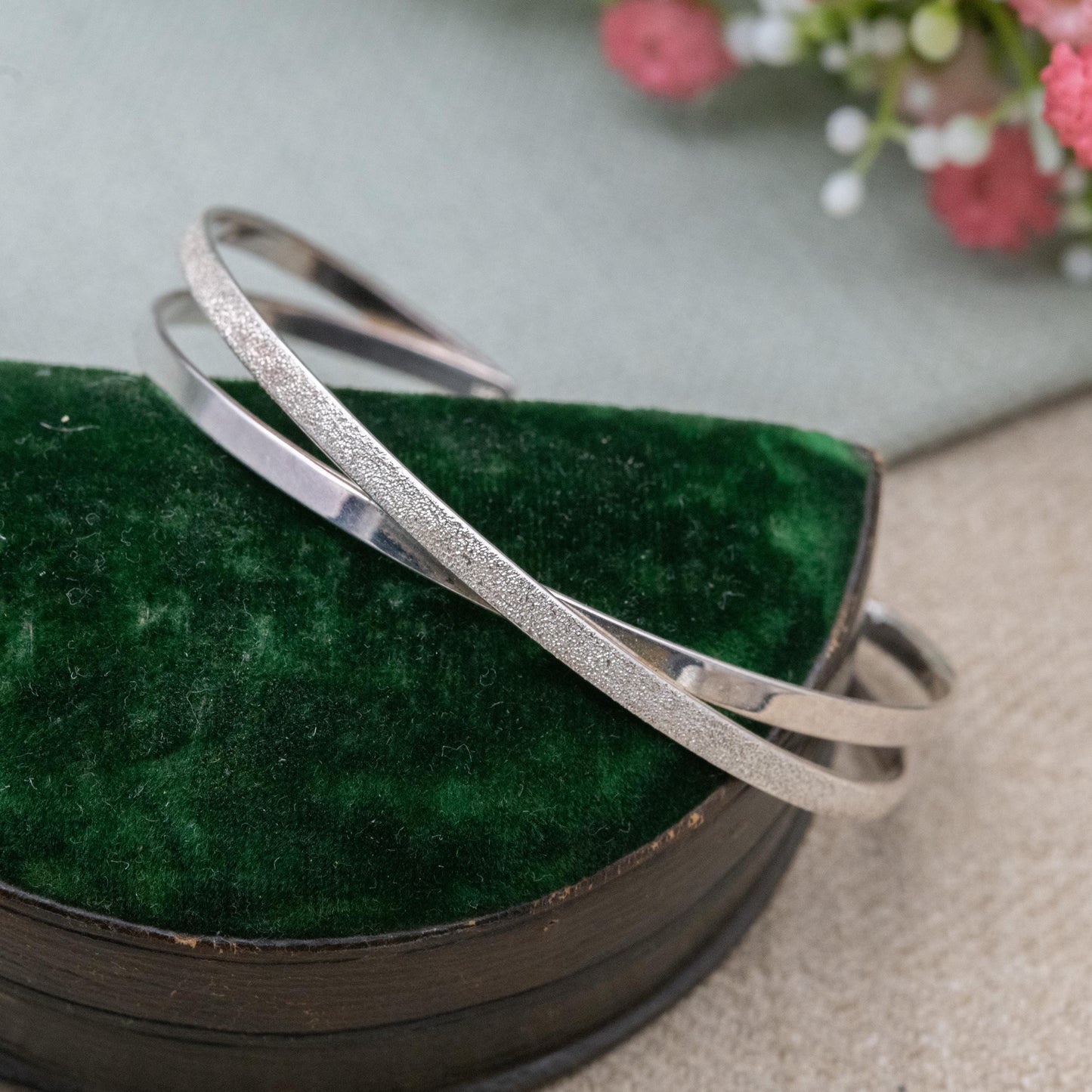 Sterling Silver Open Cuff Bangle - Textured Cross Design | Jewellery Gift for Her