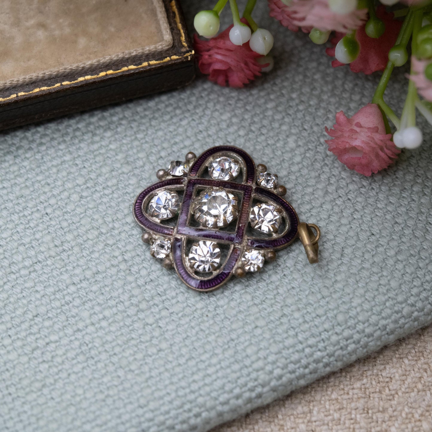 Antique Edwardian Paste and Guilloché Enamel Pendant - Rounded Square Openwork Cross Charm