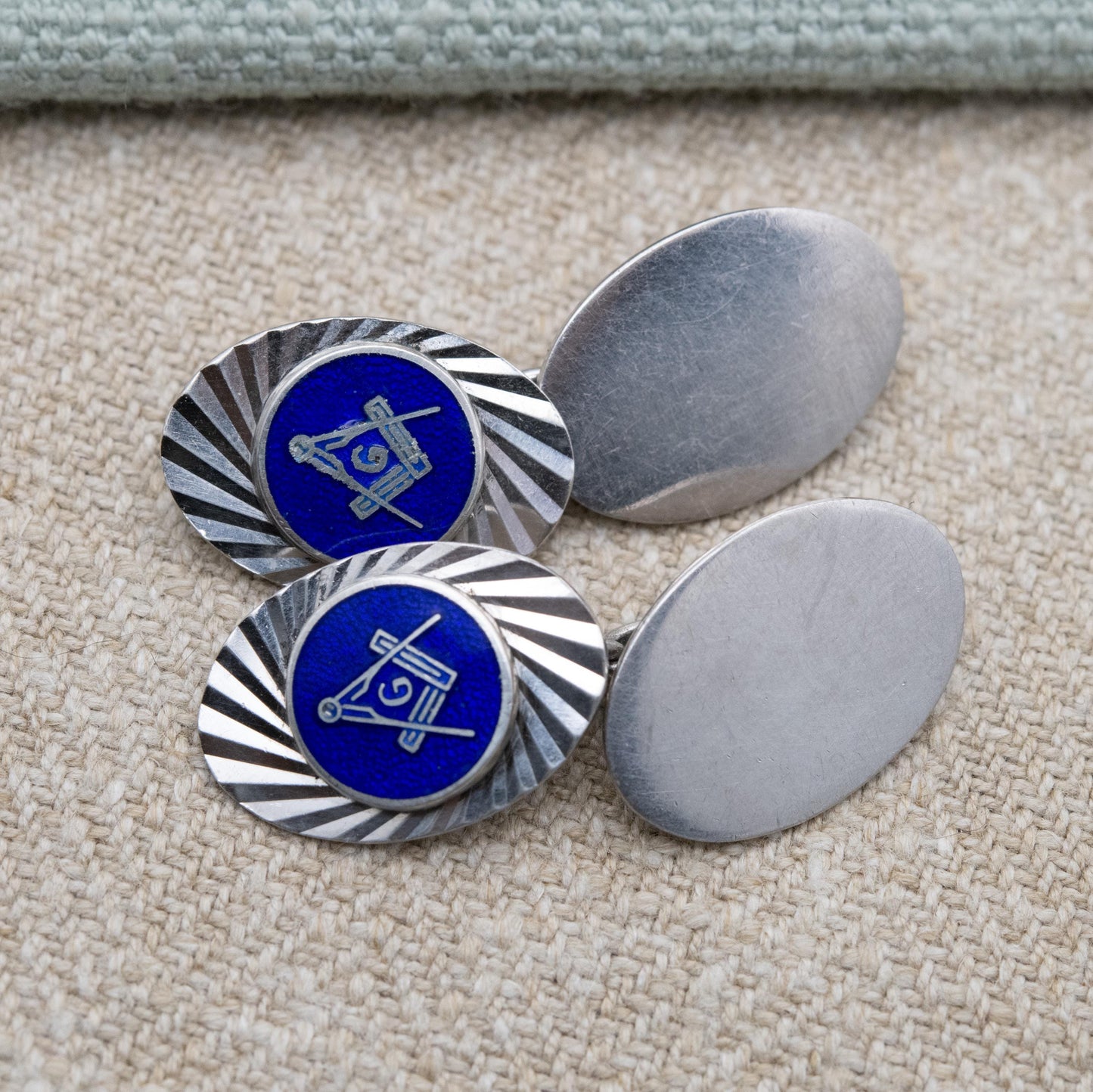 Vintage Sterling Silver Masonic Chain Link Cufflinks - Blue Enamel Square and Compasses Textured Geometric Pattern Design | Gift for Him