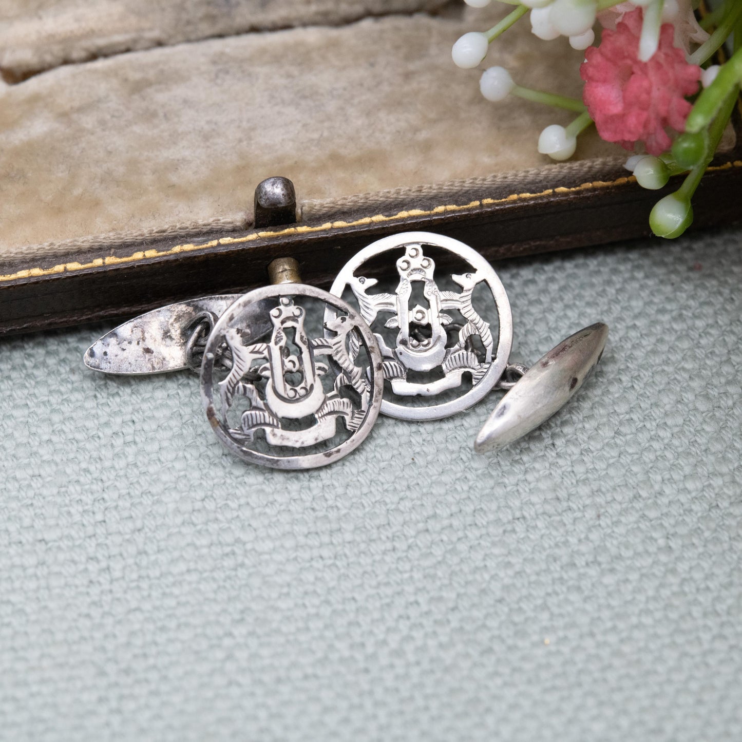 Vintage Silver Heraldic Crest Cufflinks - Openwork Coat of Arms Design | Chain Style | Gift for Him