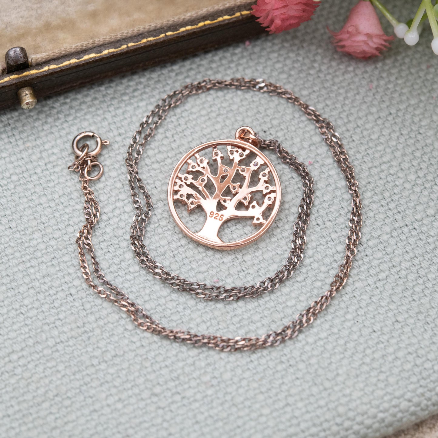 Sterling Silver Rose Gold Plated CZ Tree of Life Pendant Necklace - Cable Link Chain | Gift for Her