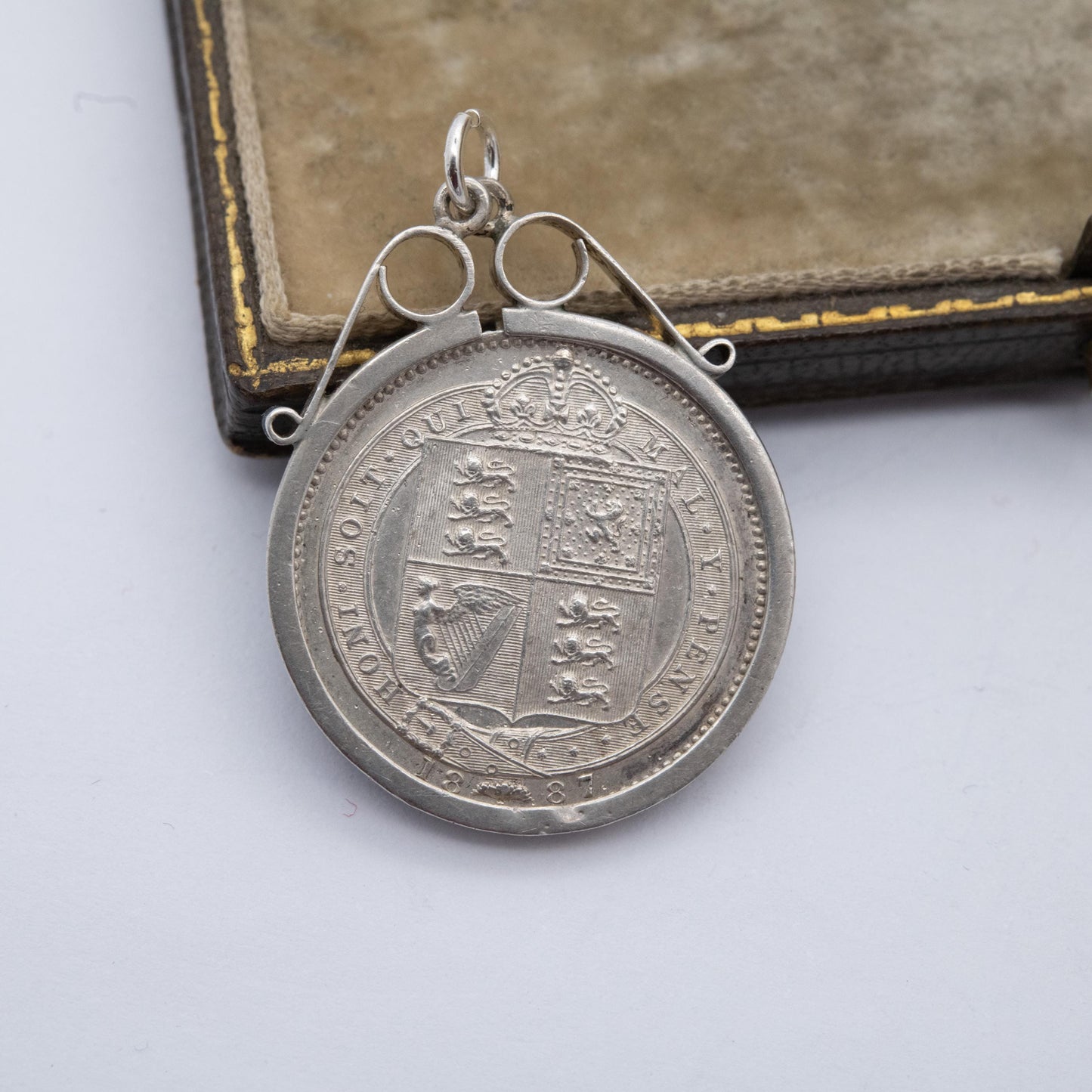 Antique 1887 Victoria Shilling Coin Charm Pendant - Openwork Scrolling Mount | Jubilee Head | Collectable Pendant