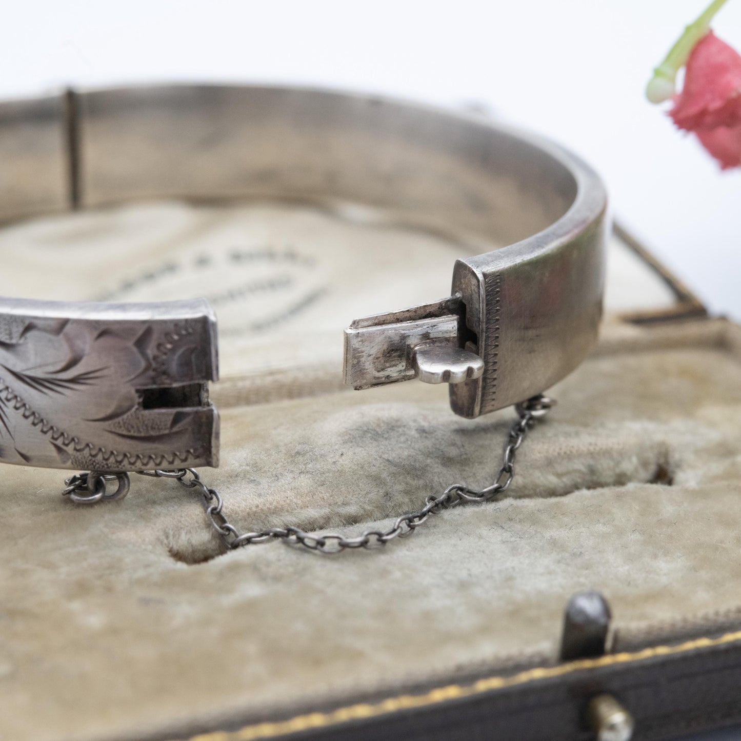 Vintage Sterling Silver Floral Engraved Bangle Bracelet 1976 - Chunky Victorian Aesthetic Scrolling Style with Safety Chain
