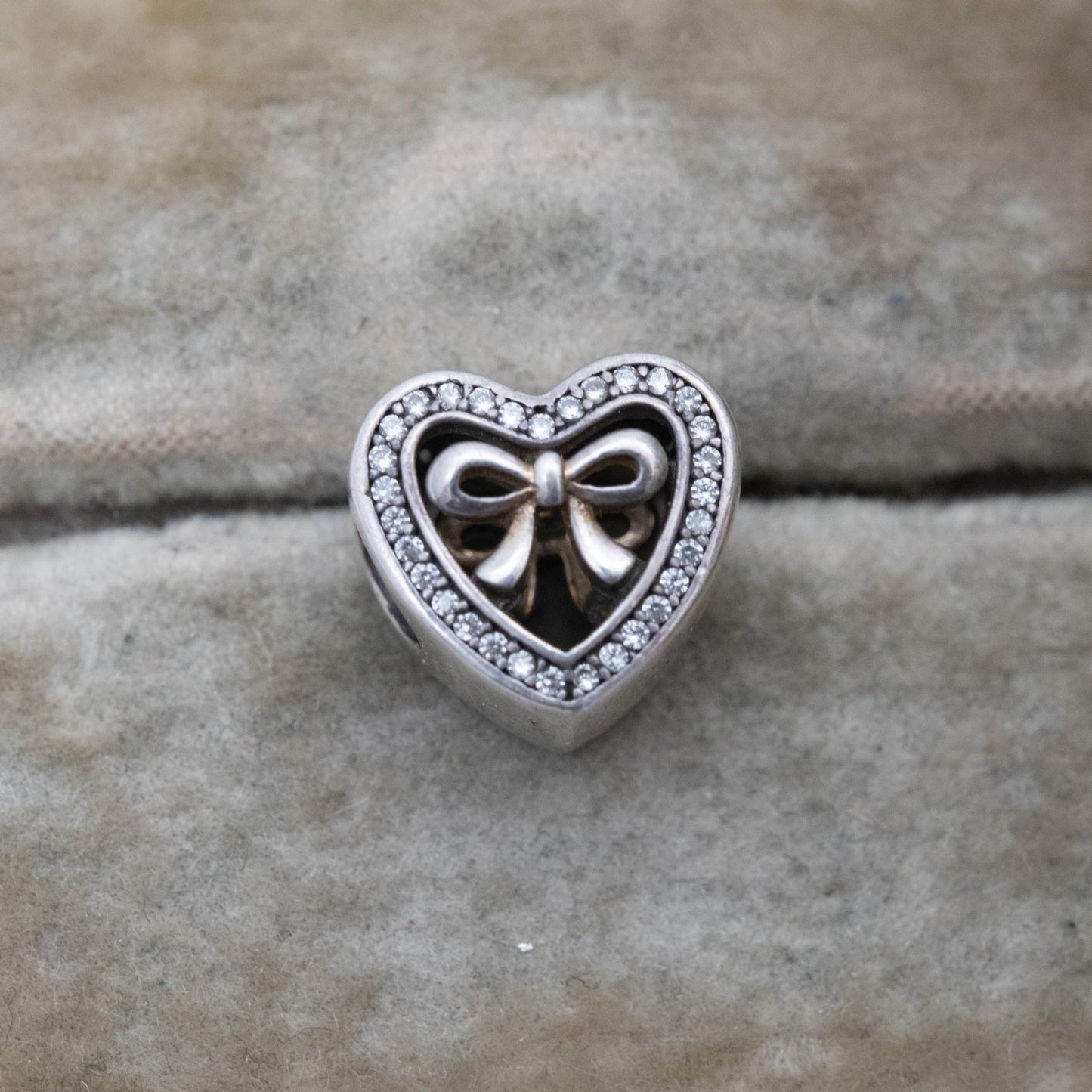 Pandora Sterling Silver White Stone Bound By Love Charm Pendant - Love Heart Bow | Gift for Charm Bracelet Necklace