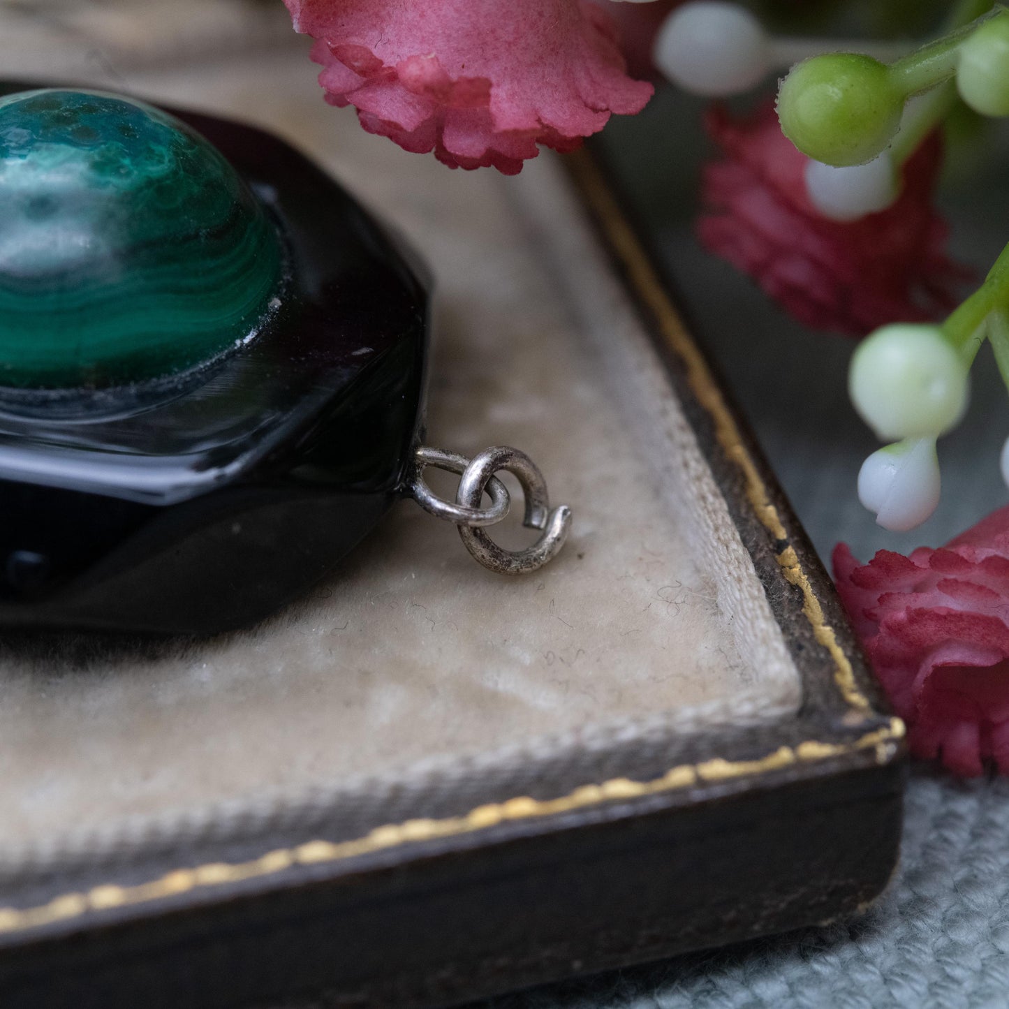 Antique Victorian Jet and Malachite Pendant - Black and Green Gemstone Inlay