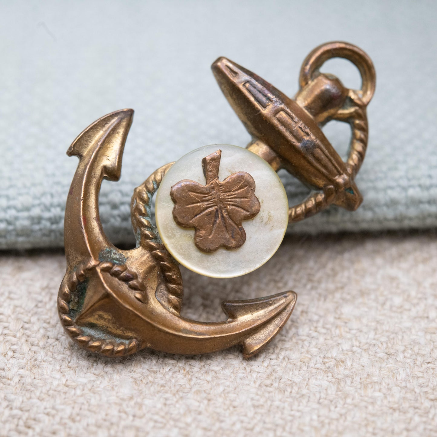 Antique Victorian Three Leaf Clover Anchor Brooch with Mother of Pearl c. 1890s
