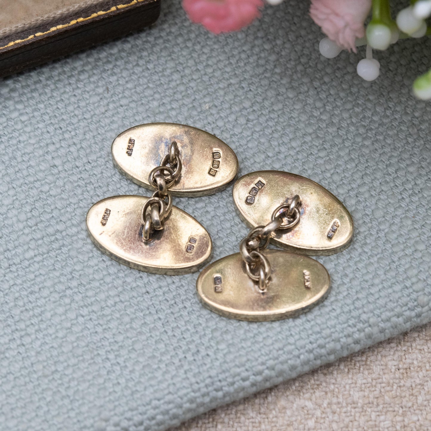Vintage 9ct Gold Plated Sterling Silver Chain Link Cufflinks 1987 - Engine Turned