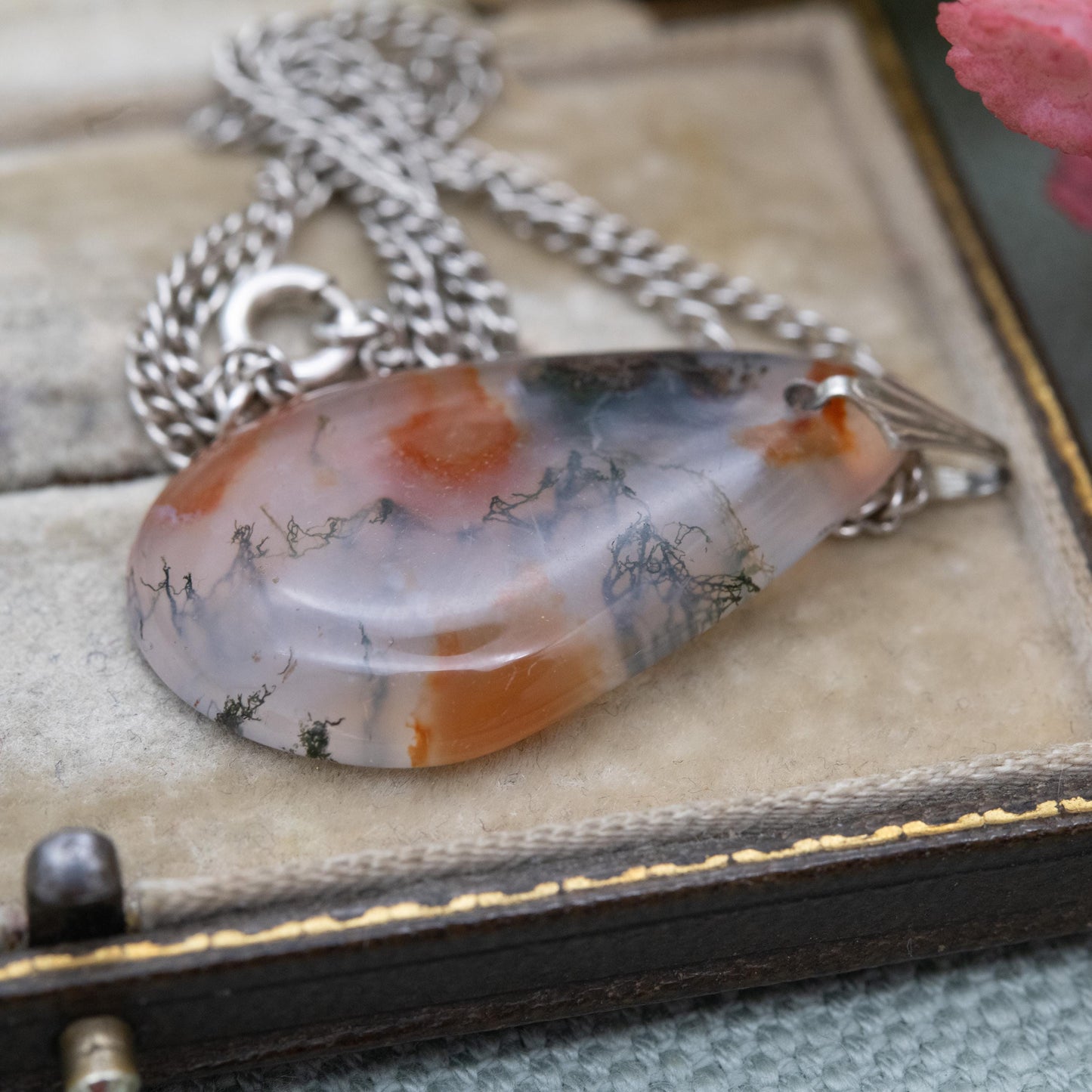 Antique Sterling Silver Moss Agate Pendant Necklace - Curb Link Chain | Gift for Her