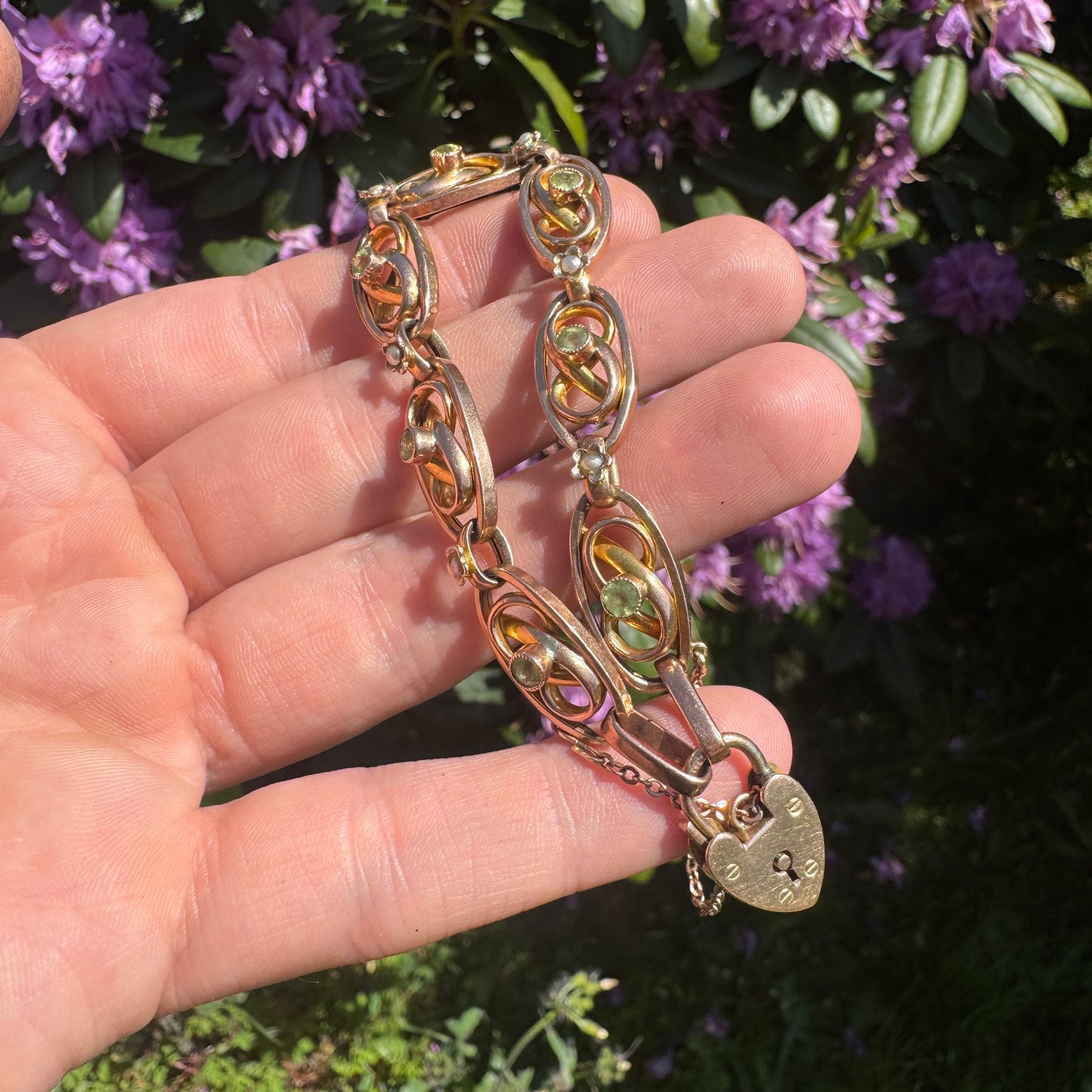 Antique 9ct Gold Peridot and Seed Pearl Bracelet 1907