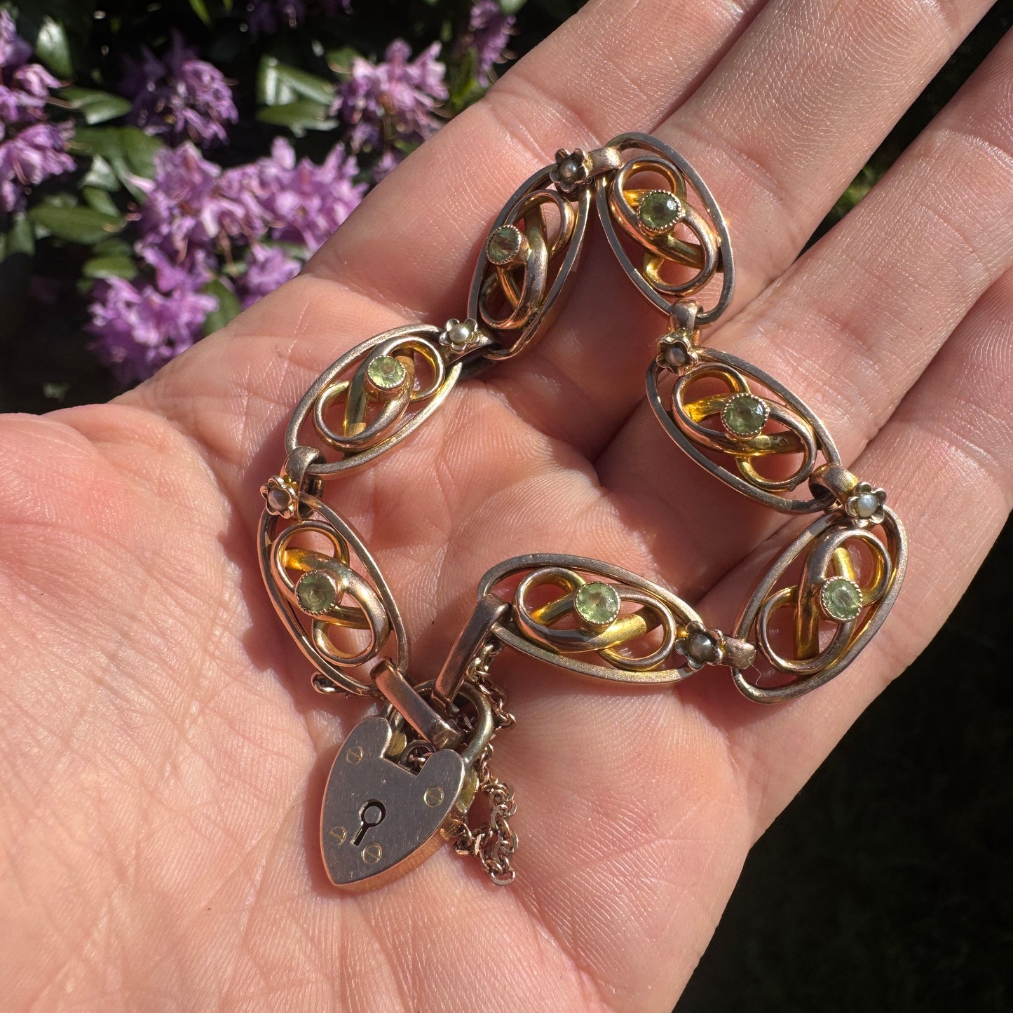Antique 9ct Gold Peridot and Seed Pearl Bracelet 1907