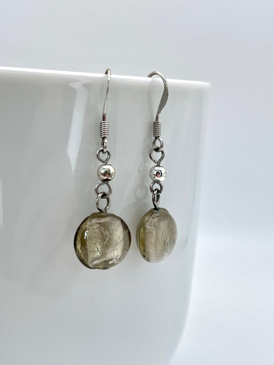 Vintage Silver Tone and Foiled Glass Drop Earrings - Statement / Retro