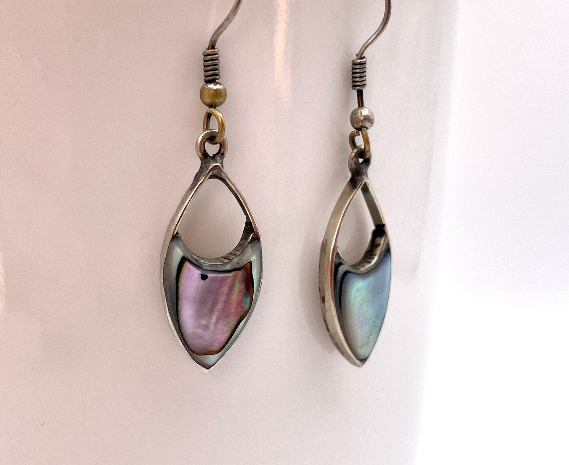 Mexico Alpaca Abalone Shell Drop Earrings - Silver Tone / Vintage / Mexican / Mid-Century