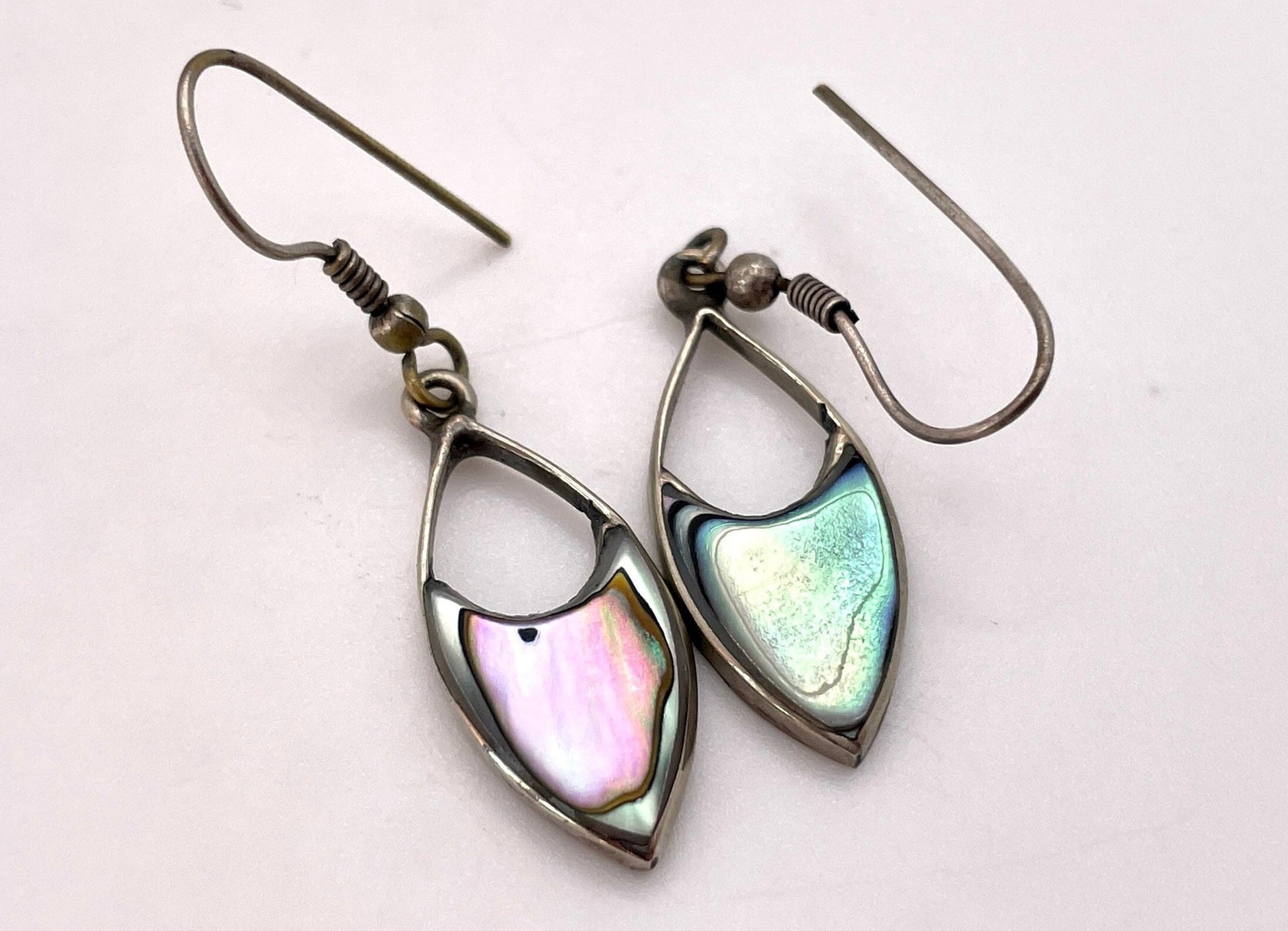 Mexico Alpaca Abalone Shell Drop Earrings - Silver Tone / Vintage / Mexican / Mid-Century