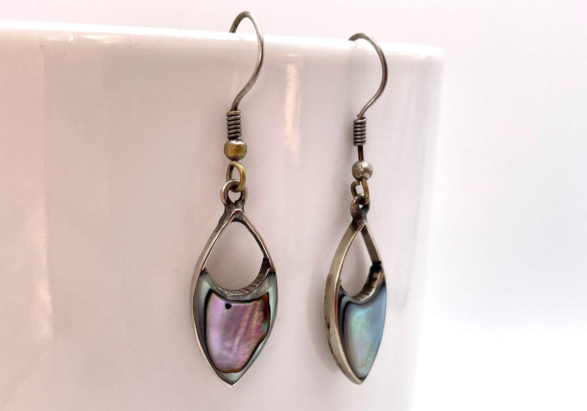 Mexico Alpaca Abalone Shell Drop Earrings - Silver Tone / Vintage / Mexican / Mid-Century