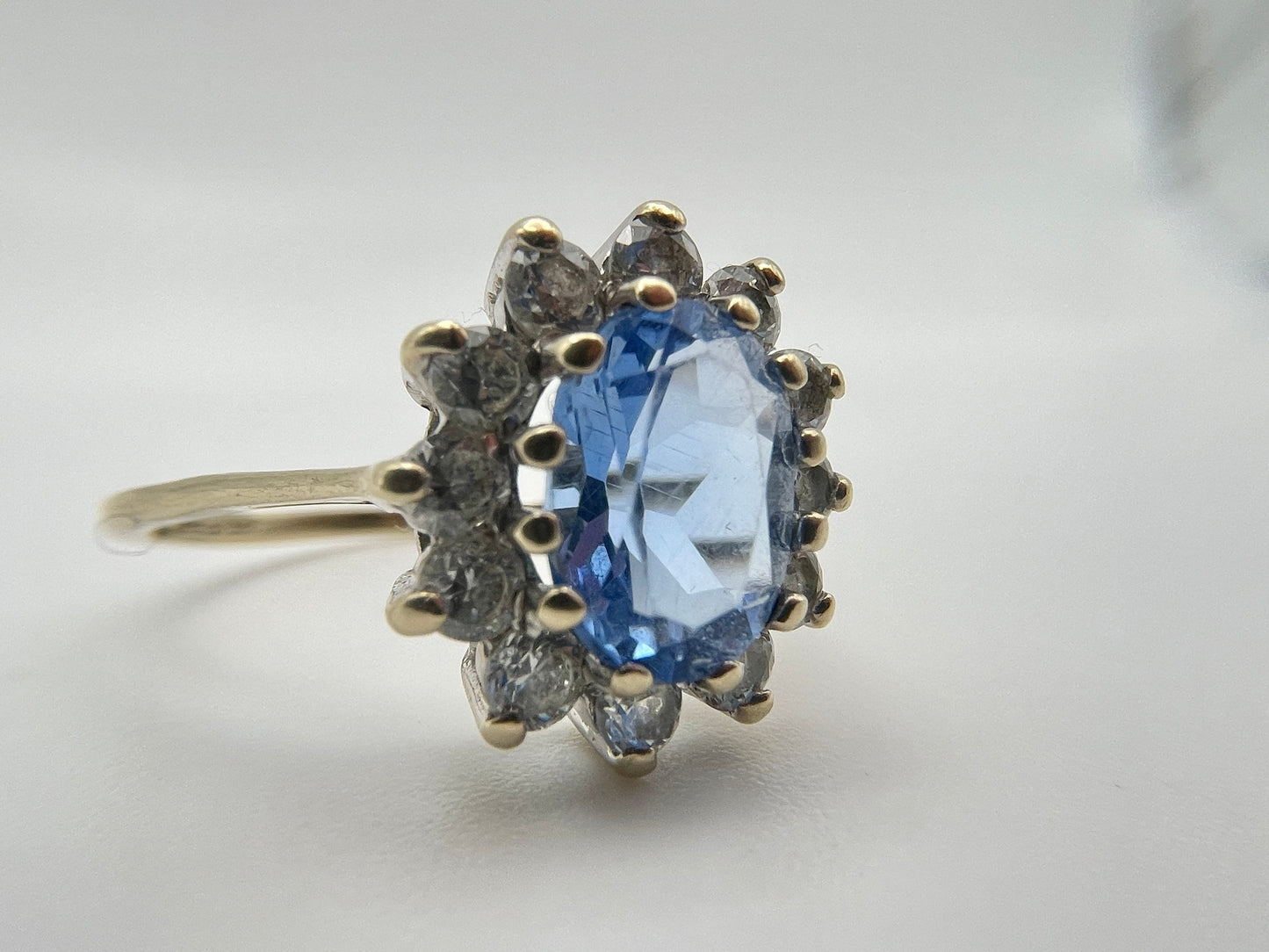 Vintage 9ct Gold, Blue and White CZ Halo Ring - Engagement / 375 / 9k / Cluster / UK Size - M / US Size - 6 1/4