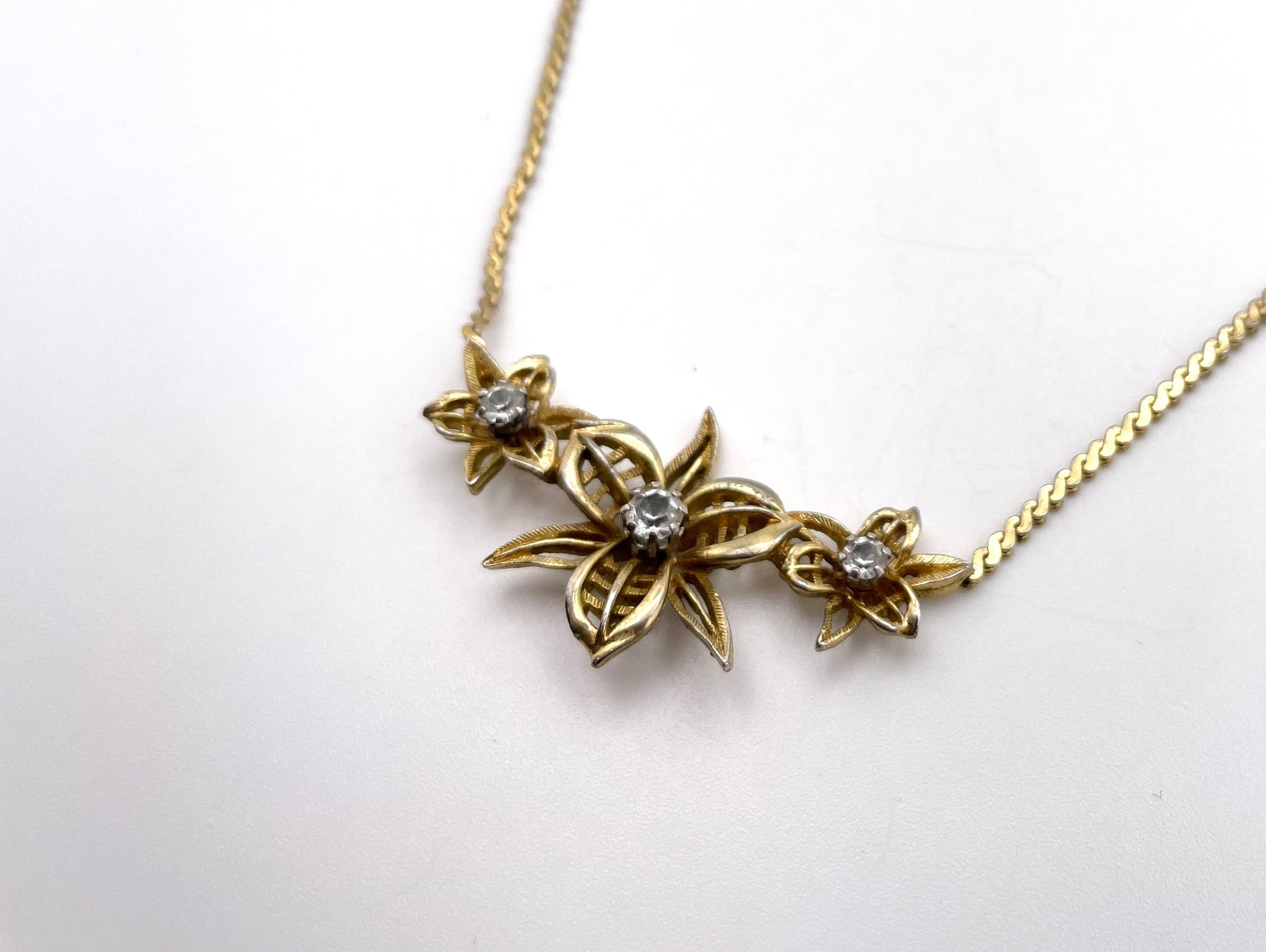 Vintage D'orlan Necklace - Gold Tone / Floral / Flowers / White Stone / Signed