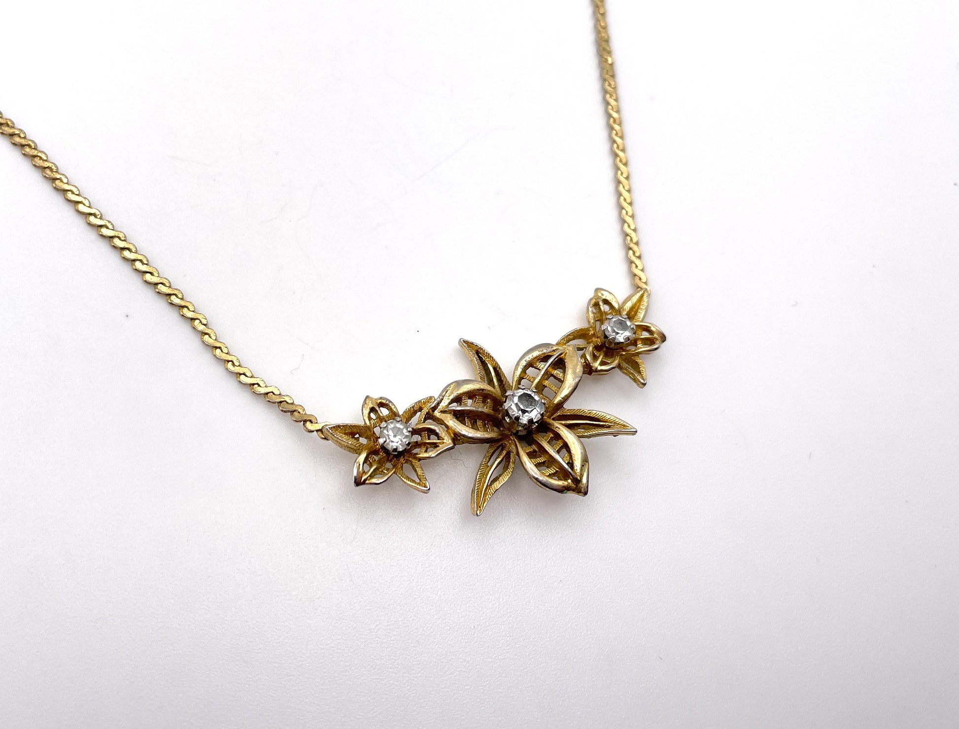 Vintage D'orlan Necklace - Gold Tone / Floral / Flowers / White Stone / Signed