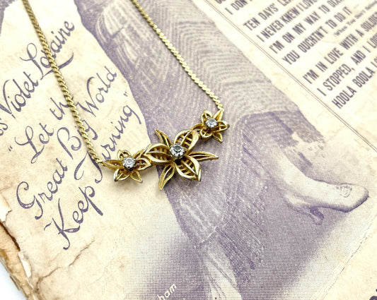 Vintage D'orlan Necklace - Gold Tone / Floral / Flowers / White Stone / Signed
