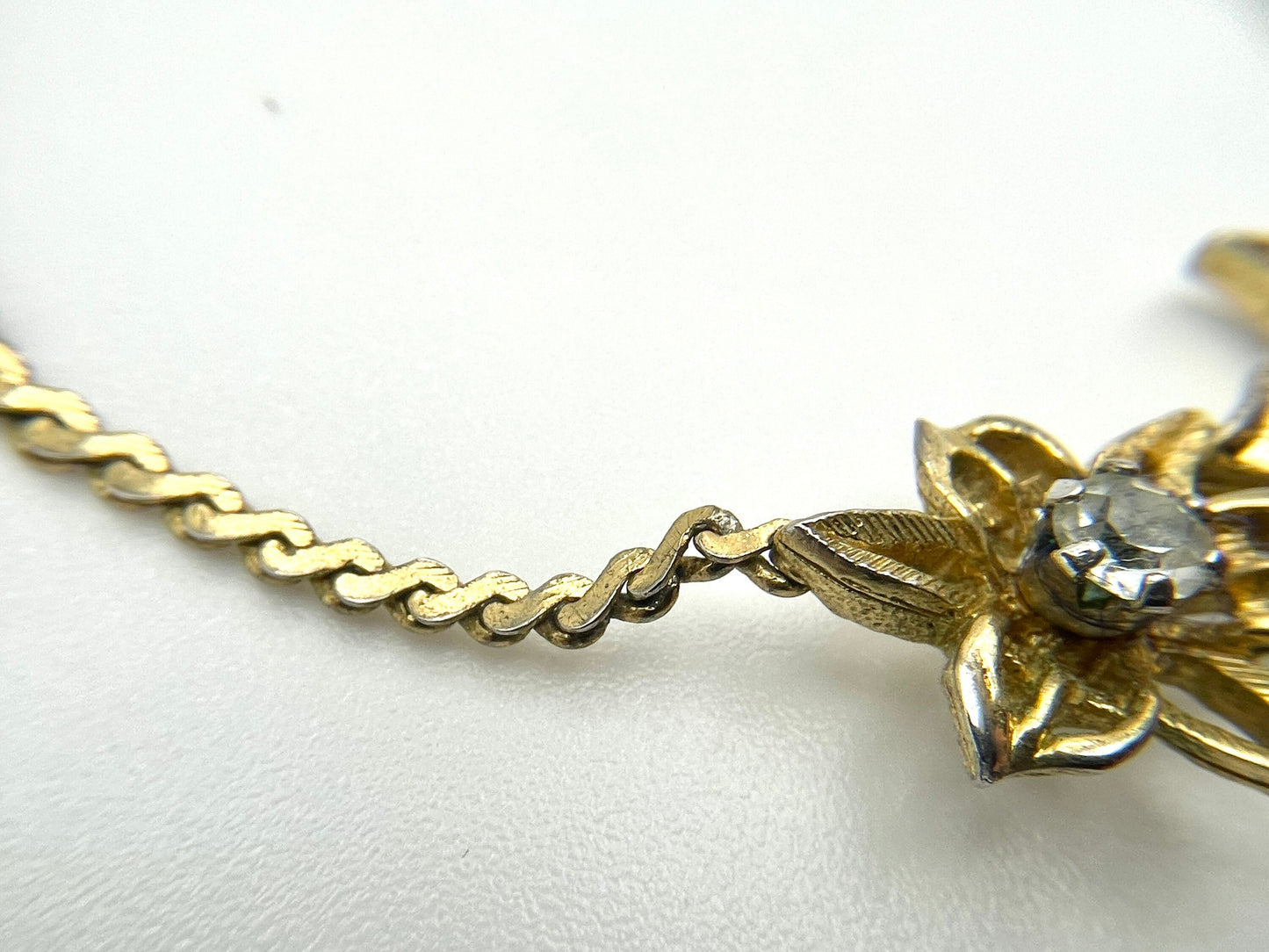 Vintage D'orlan Necklace - Gold Tone / Floral / Flowers / White Stone / Signed