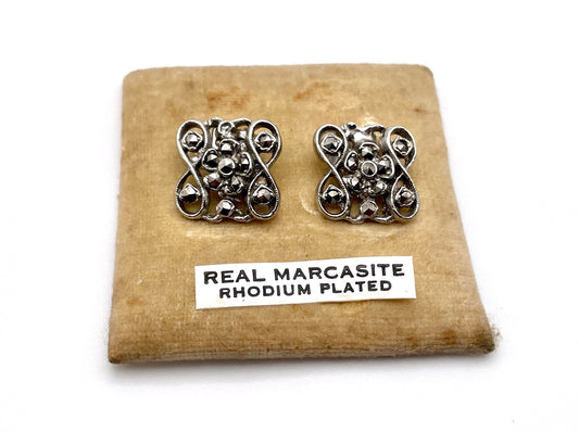 Vintage Marcasite Rhodium Plated Clip On Earrings - 50s / 60s