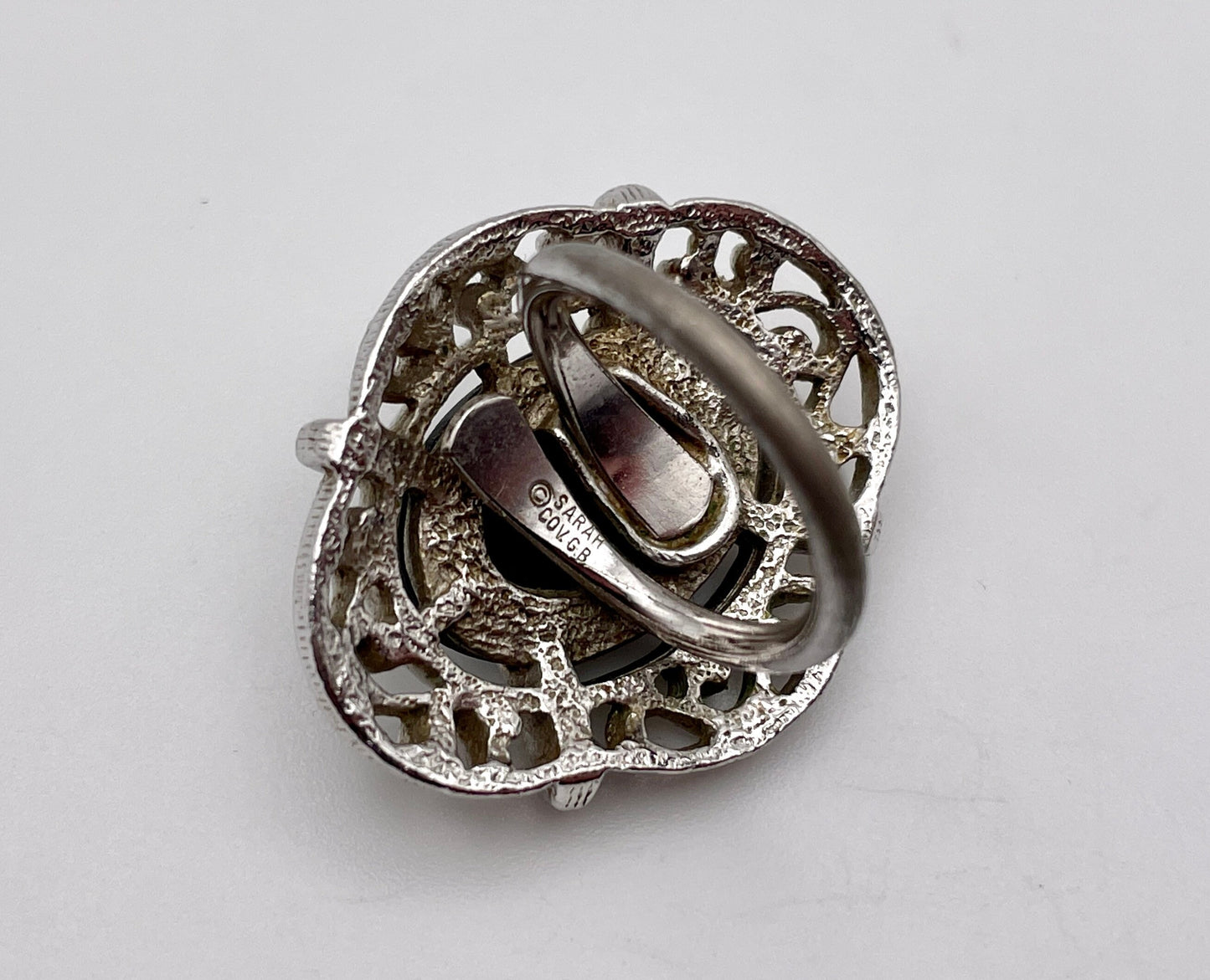 Sarah Coventry Silver Tone Ring - Vintage / Statement / Black Stone / Cocktail Ring / UK Size - J 1/2 / US Size - 5