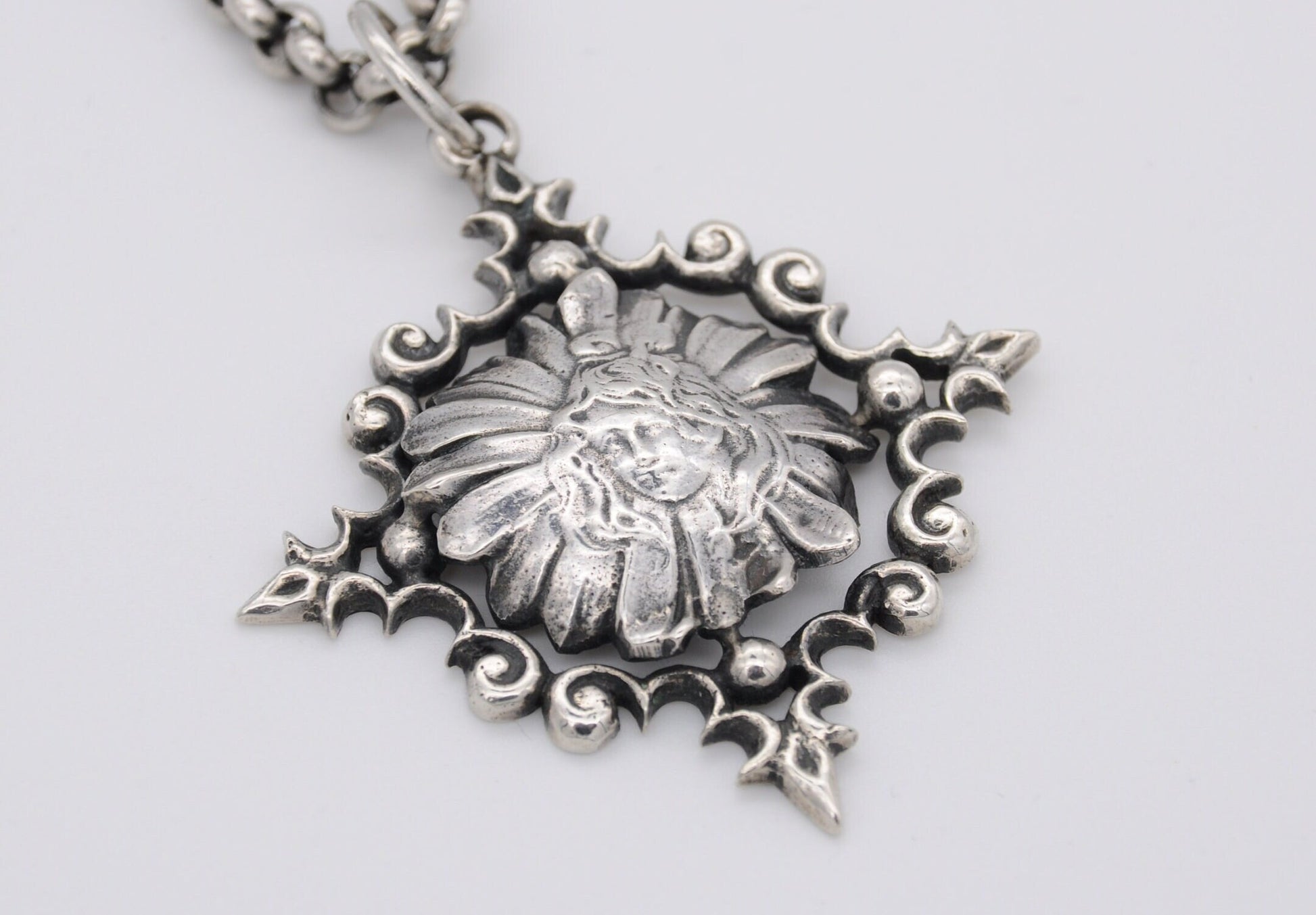 Antique Silver Art Nouveau Necklace and Pendant - T Bar / Woman / Gothic / French / Detailed / Floral / Flower / Ornate / Portrait / Patina