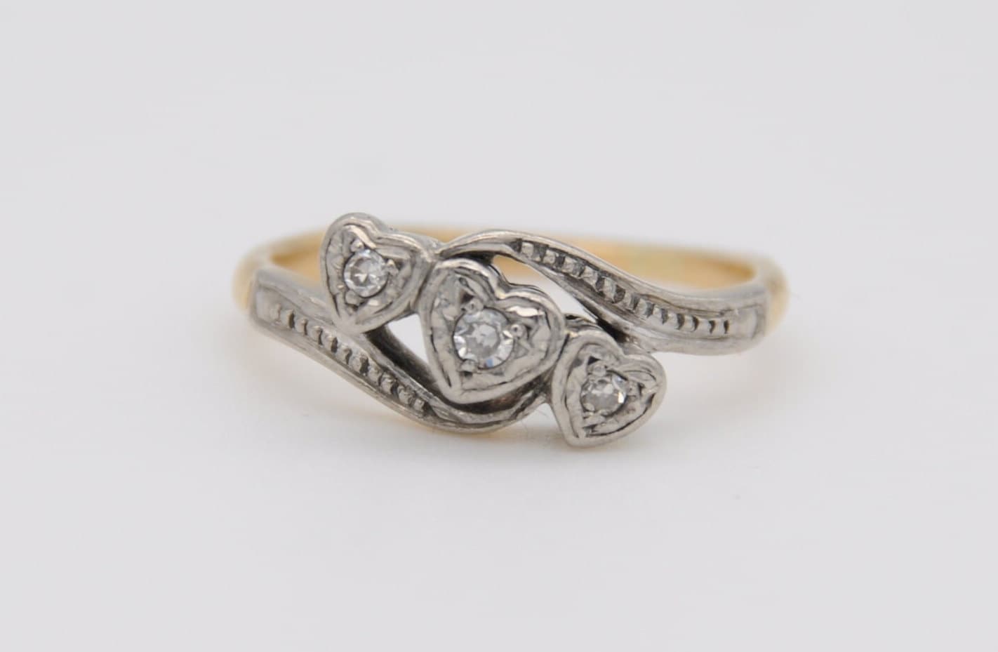 Vintage 18ct Gold, Platinum and Diamond Heart Engagement Ring - 18K / Detailed Shoulders / 3 Hearts / UK Size - i 1/2 / US Size - 4 1/2