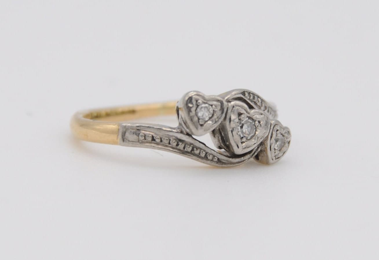 Vintage 18ct Gold, Platinum and Diamond Heart Engagement Ring - 18K / Detailed Shoulders / 3 Hearts / UK Size - i 1/2 / US Size - 4 1/2