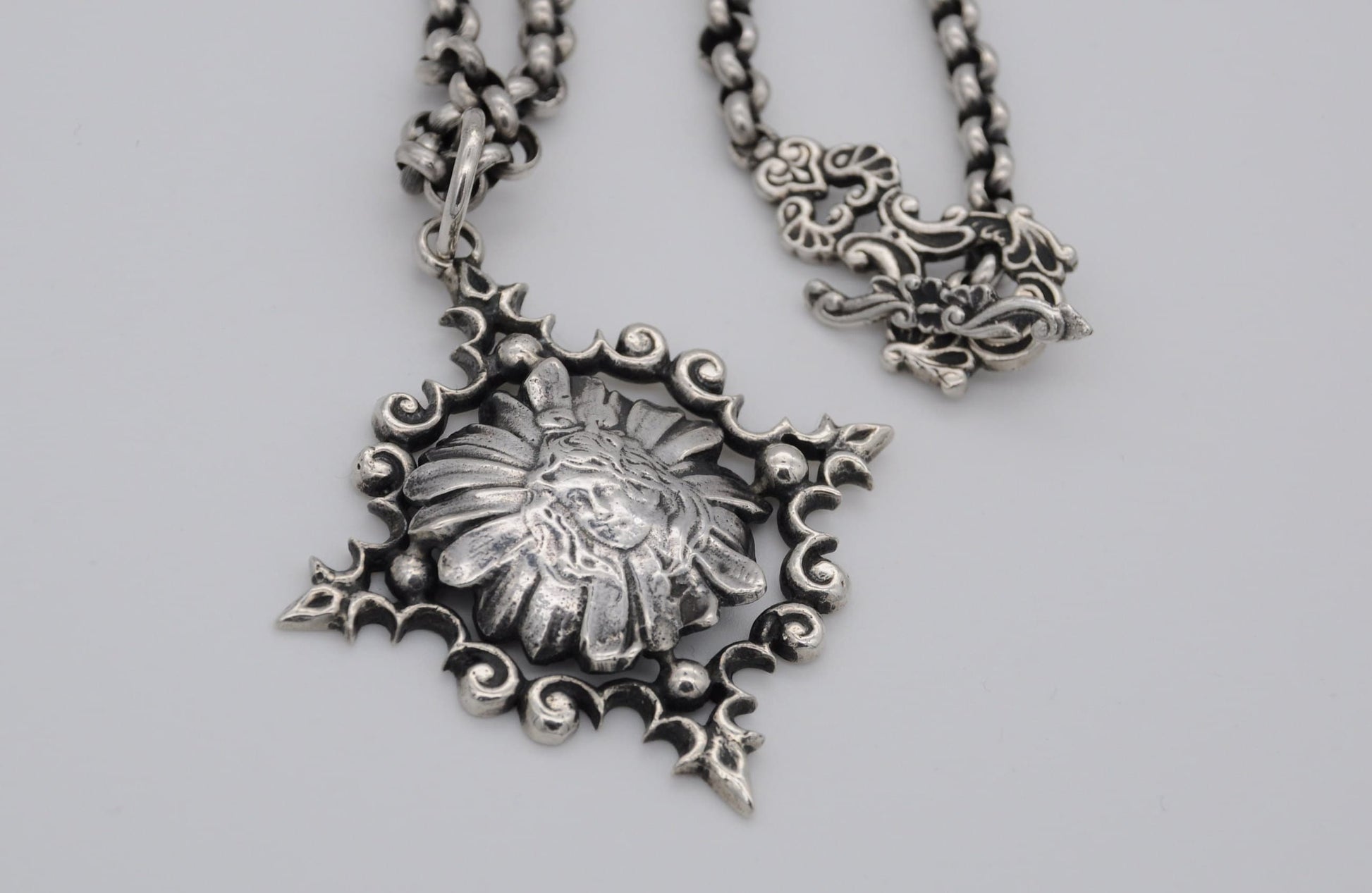 Antique Silver Art Nouveau Necklace and Pendant - T Bar / Woman / Gothic / French / Detailed / Floral / Flower / Ornate / Portrait / Patina