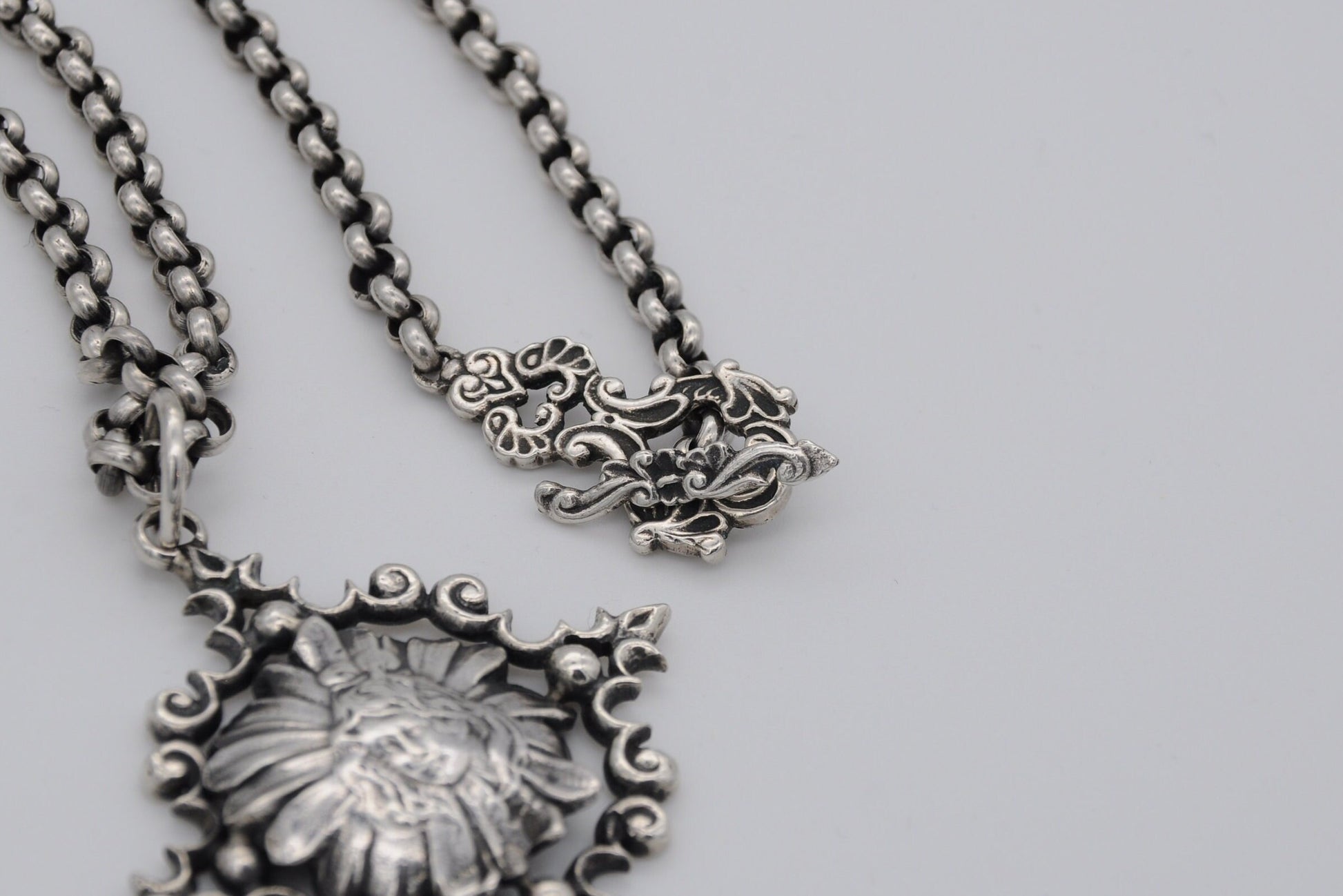 Antique Silver Art Nouveau Necklace and Pendant - T Bar / Woman / Gothic / French / Detailed / Floral / Flower / Ornate / Portrait / Patina