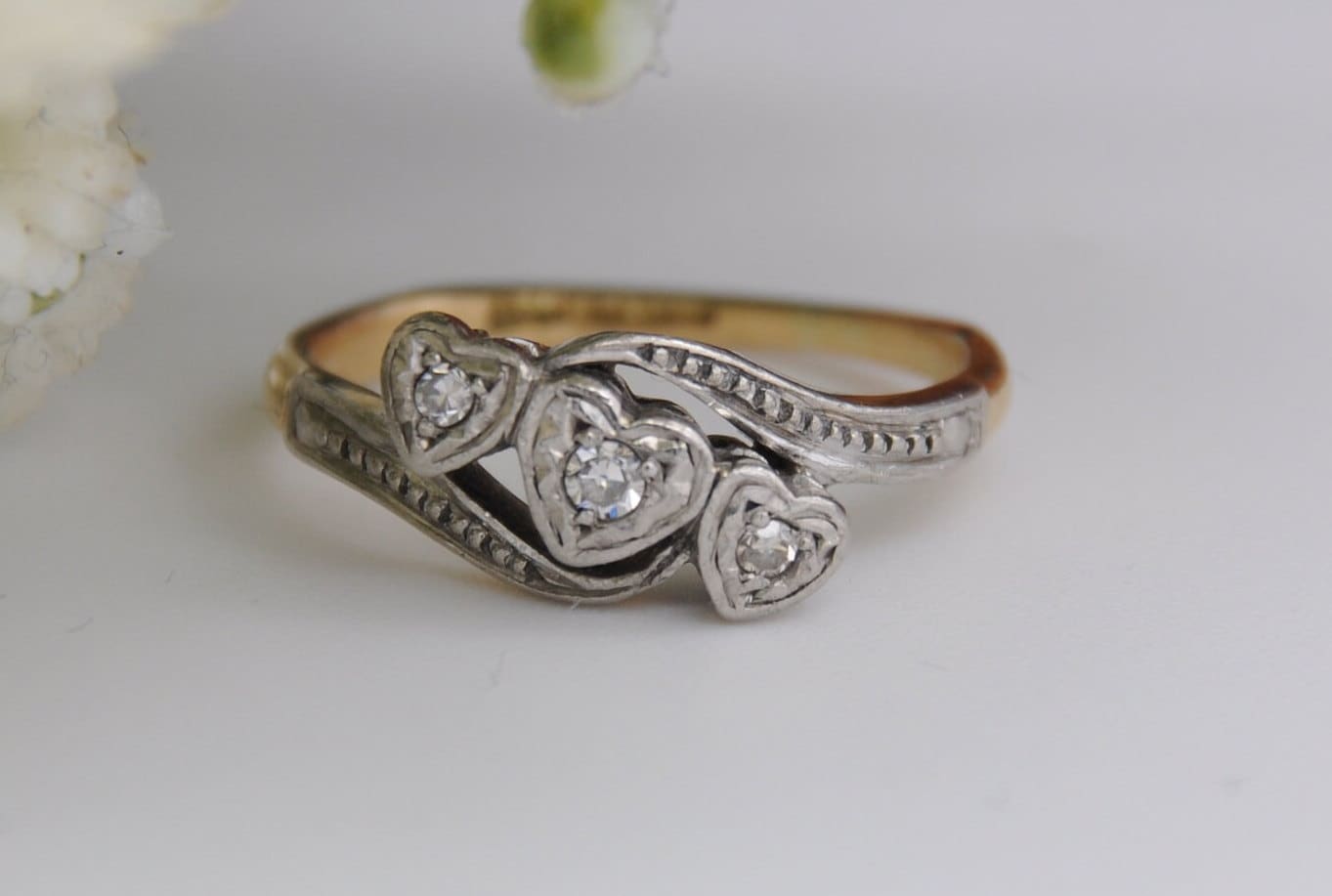 Vintage 18ct Gold, Platinum and Diamond Heart Engagement Ring - 18K / Detailed Shoulders / 3 Hearts / UK Size - i 1/2 / US Size - 4 1/2