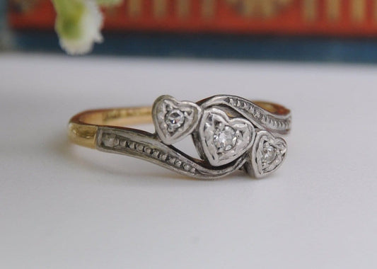 Vintage 18ct Gold, Platinum and Diamond Heart Engagement Ring - 18K / Detailed Shoulders / 3 Hearts / UK Size - i 1/2 / US Size - 4 1/2