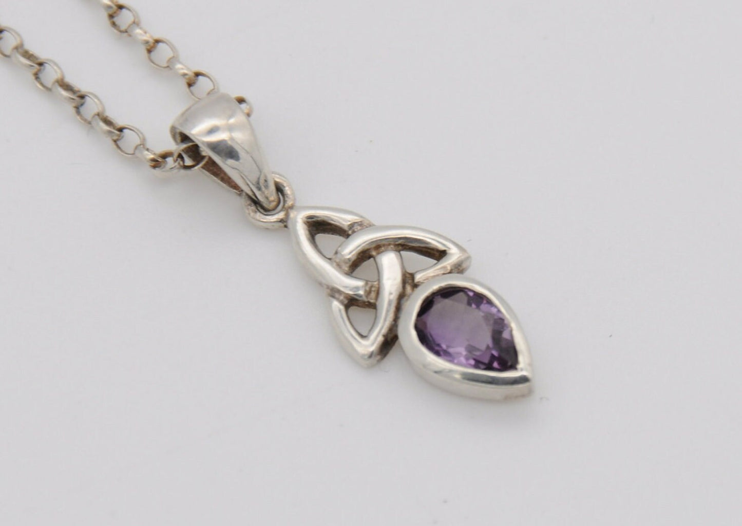 Silver and Amethyst Celtic Triquetra Pendant / Necklace - Sterling Silver / Purple Stone / Eternal Life / Spiritual / Silver Chain / Magic