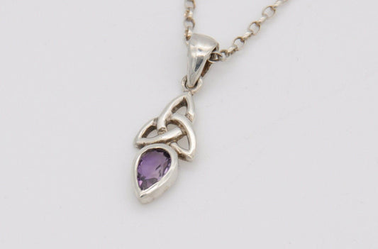 Silver and Amethyst Celtic Triquetra Pendant / Necklace - Sterling Silver / Purple Stone / Eternal Life / Spiritual / Silver Chain / Magic